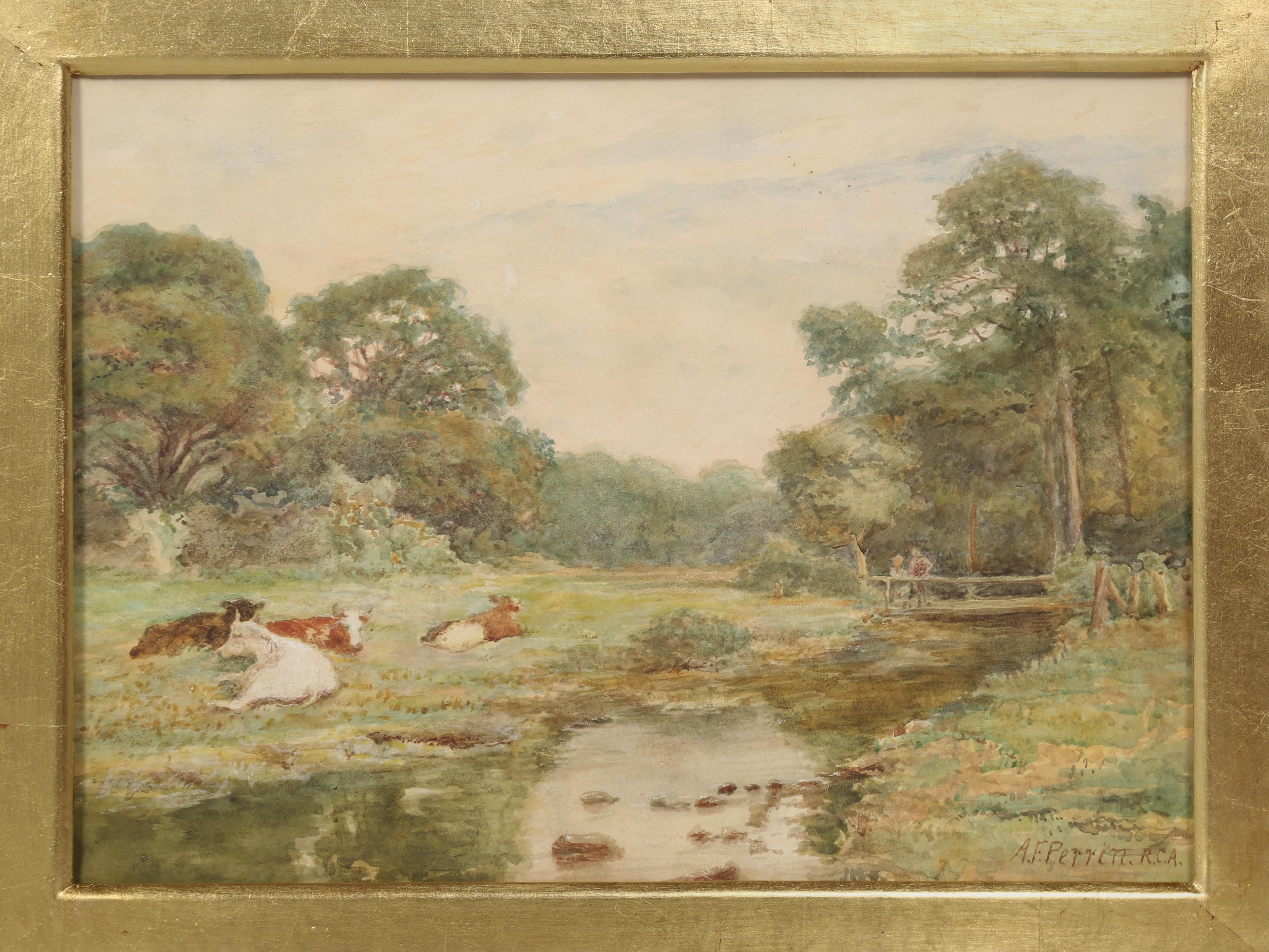 Landscape Watercolor Painting by Alfred Perrin; a Summer Evening at Glan Conway For Sale 4