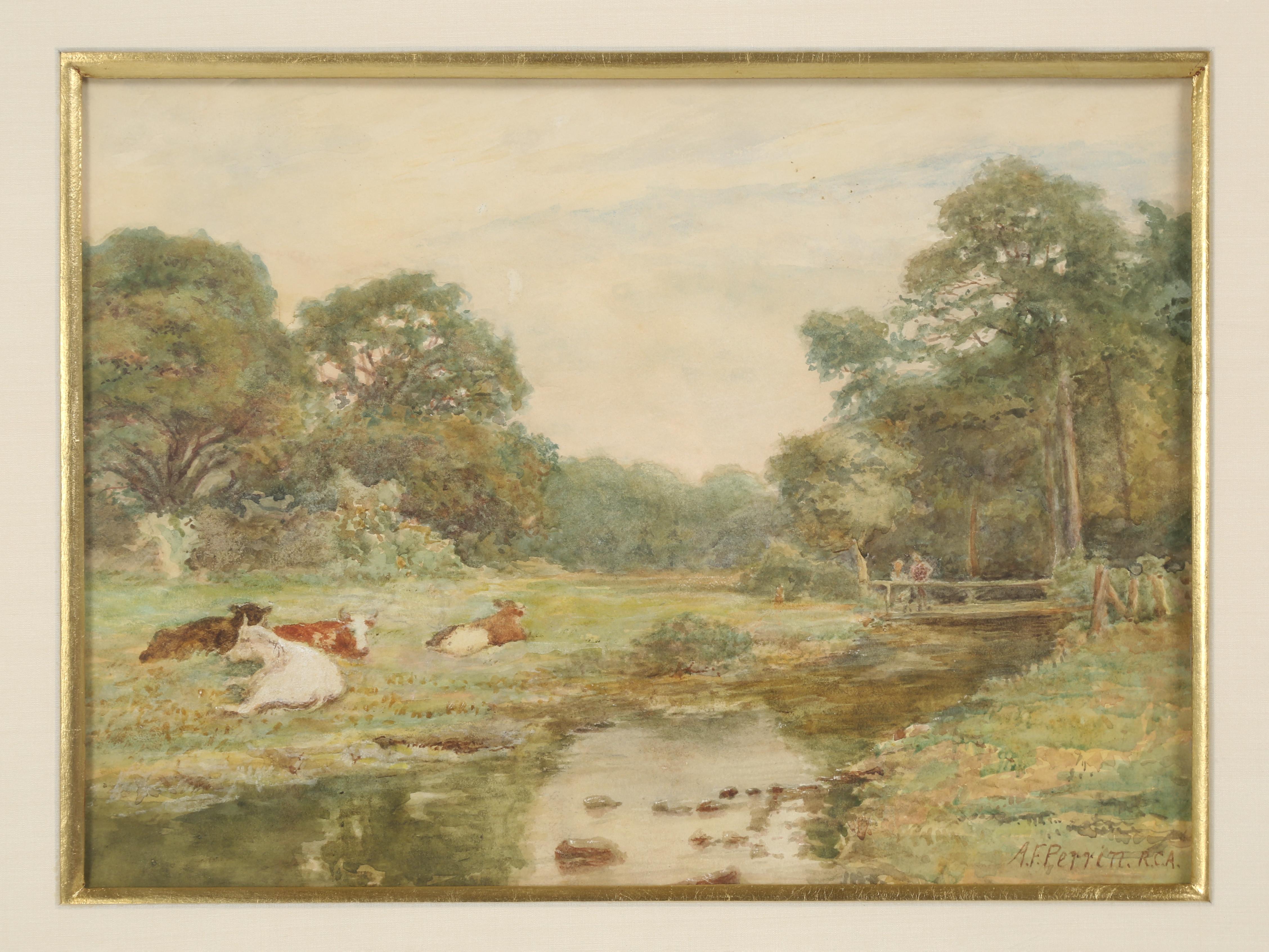 Alfred Feyen Perrin (1838 - 1918) was born in Birmingham, England and painted throughout the United Kingdom. Alfred Perrin is probably best known for his water color paintings and this particular Water Color Landscape painting is quite typical of