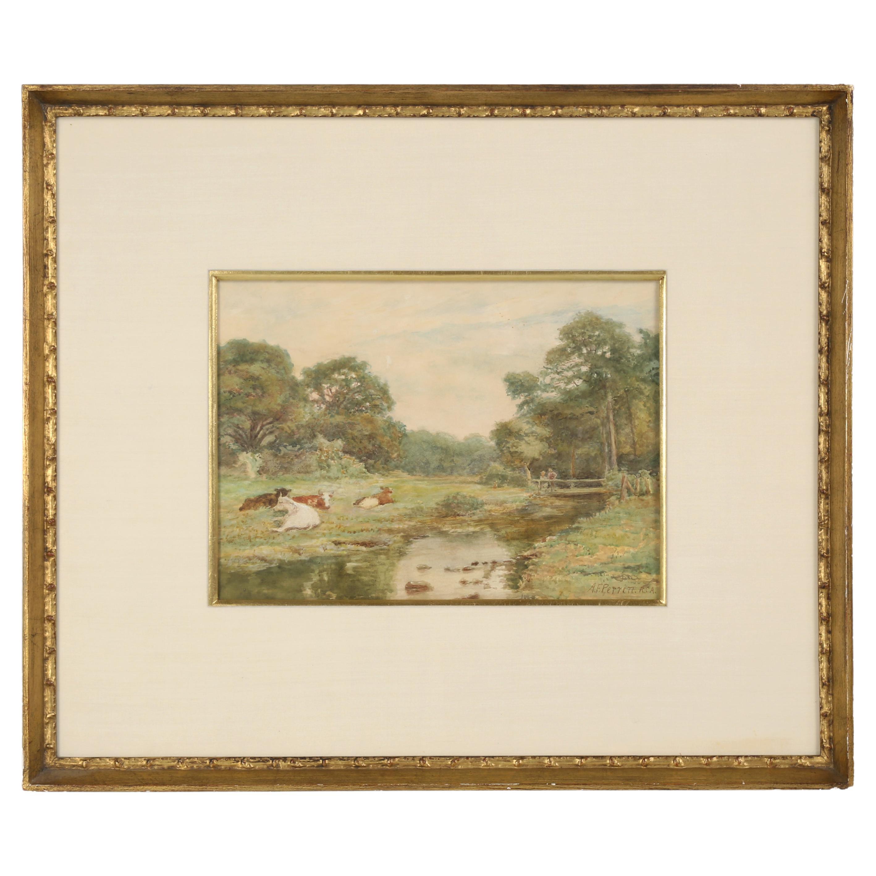 Landscape Watercolor Painting by Alfred Perrin; a Summer Evening at Glan Conway For Sale