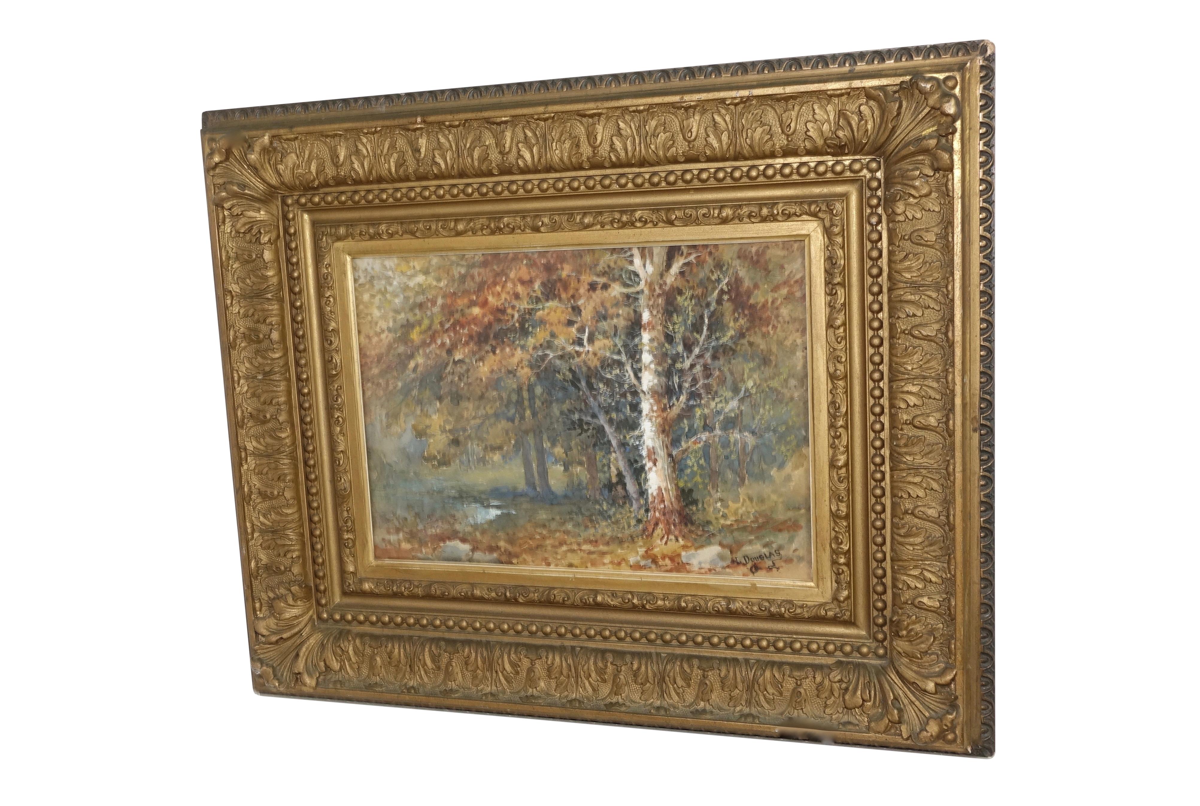 Beautifully painted landscape forest scene with stream in original giltwood frame, watercolor under glass. Signed in the lower right corner L. Douglas. American, early 20th century.
Sight measures 13.5 inches wide x 9.5 inches high.
Not viewed out