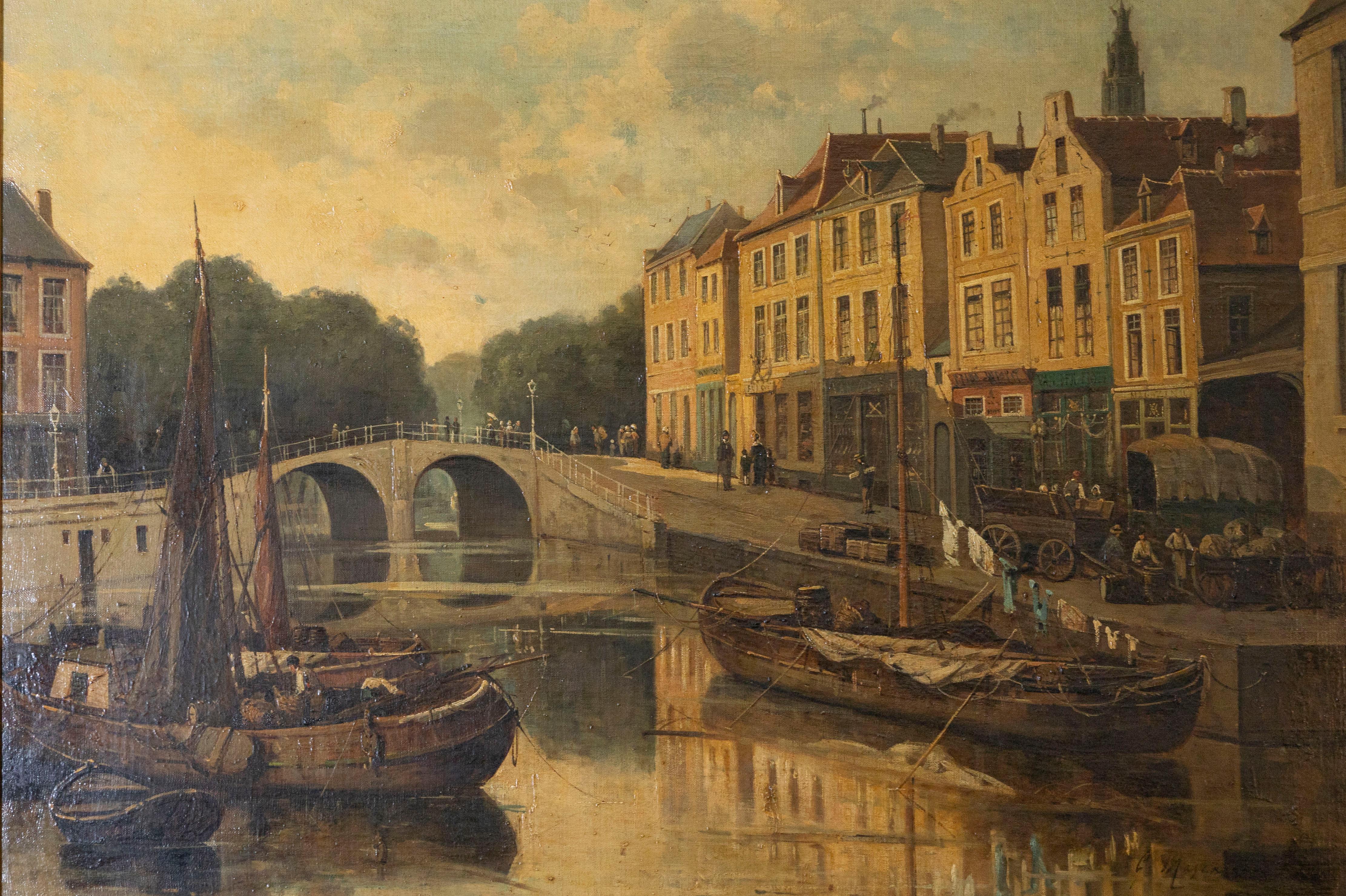 Français Paysage avec un port de rivière française du 19ème siècle en vente
