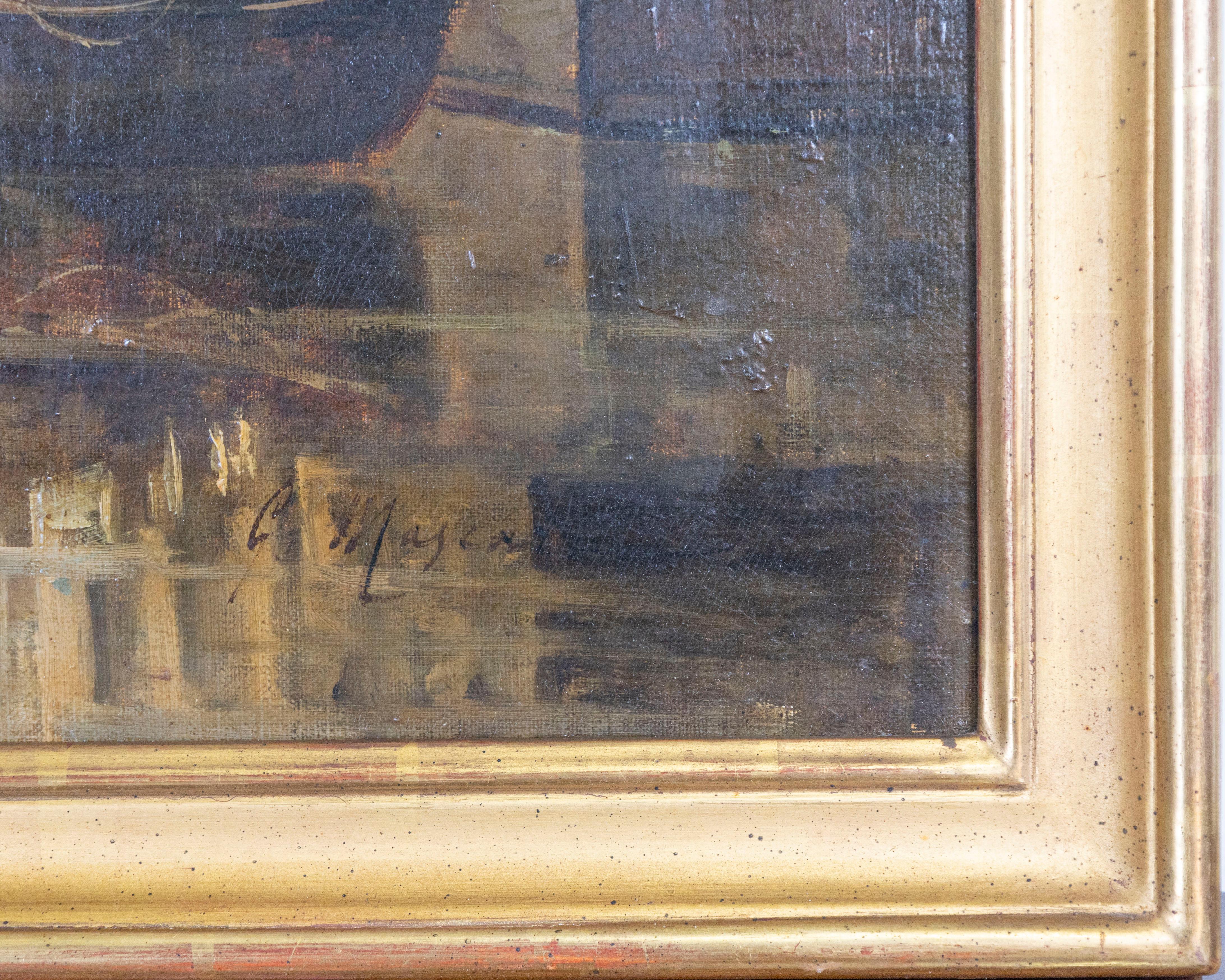 XIXe siècle Paysage avec un port de rivière française du 19ème siècle en vente