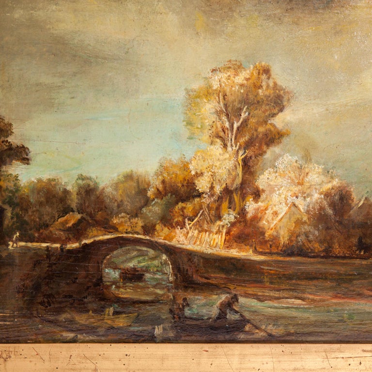 Landscape with a Stone Bridge Unknown Rembrandt Copy Oil on Board Wooden Frame For Sale at 1stdibs
