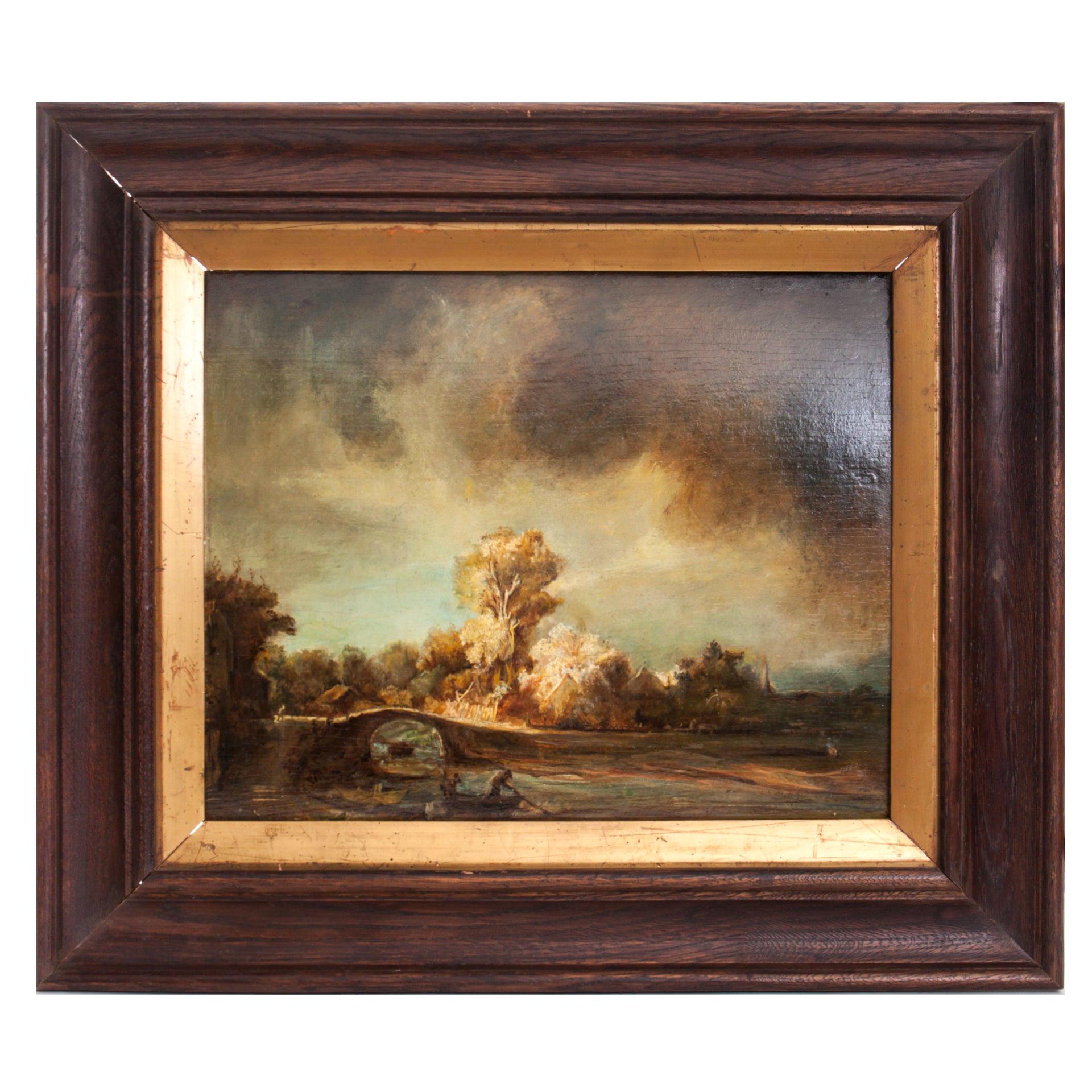 Landscape with a Stone Bridge Unknown Rembrandt Copy Oil on Board Wooden Frame 