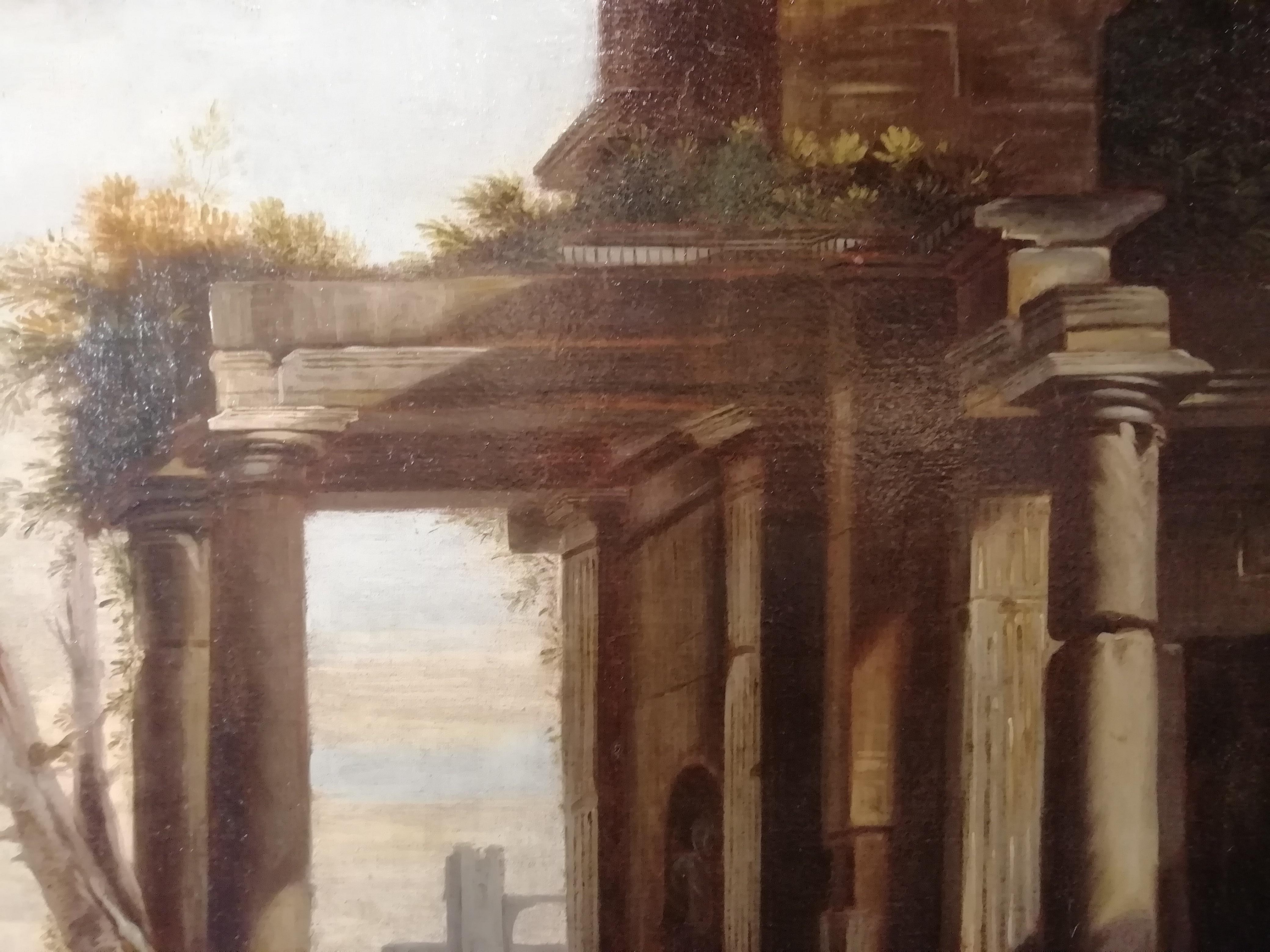 Canvas Landscape with Architecture and Ruins, Follower of G Ghisolfi Oil, Italian