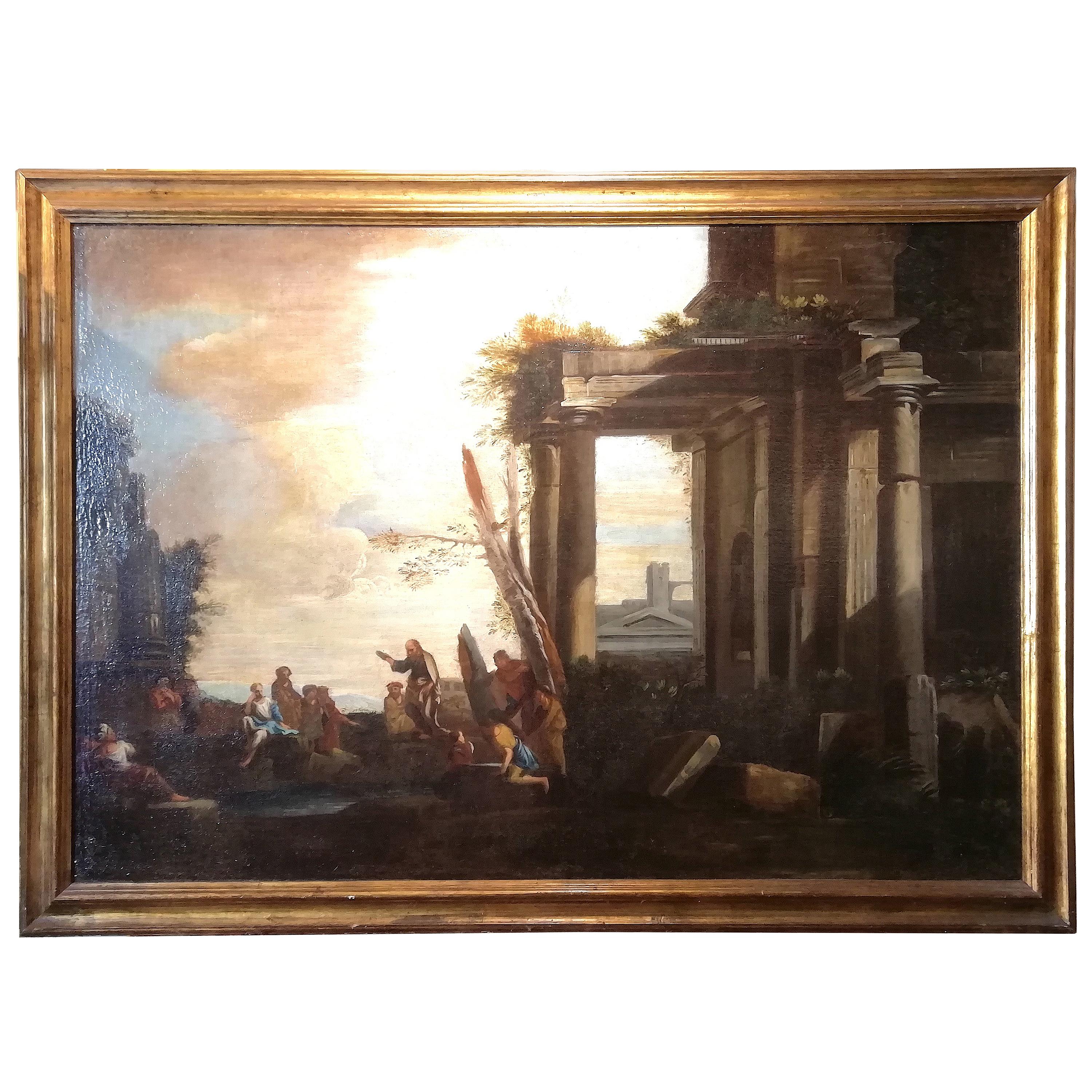 Landscape with Architecture and Ruins, Follower of G Ghisolfi Oil, Italian