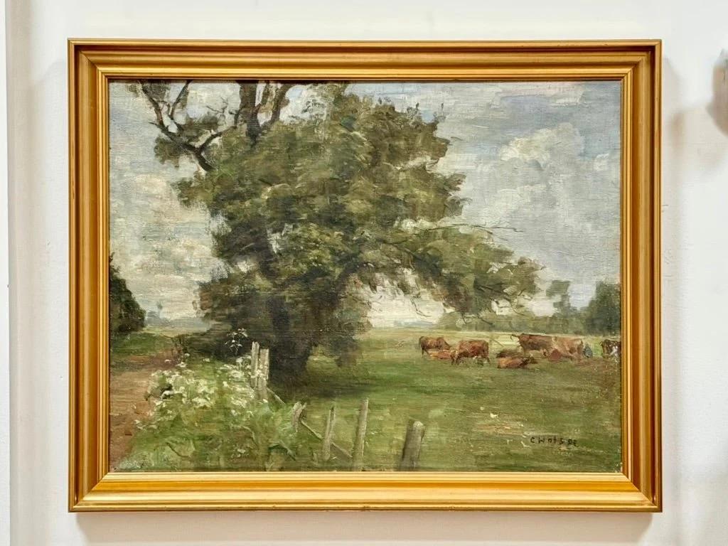Carl Vilhelm Holsøe (Danish, 1863-1935), Landscape with cattle, Holsøe  is a highly renowned Danish painter, with works in multiple museums. signed 'C. Holsoe' (lower right) oil on canvas 64.0 x 83.0 cm (25 3/16 x 32 11/16 in). framed 74.7 x 93.8 x