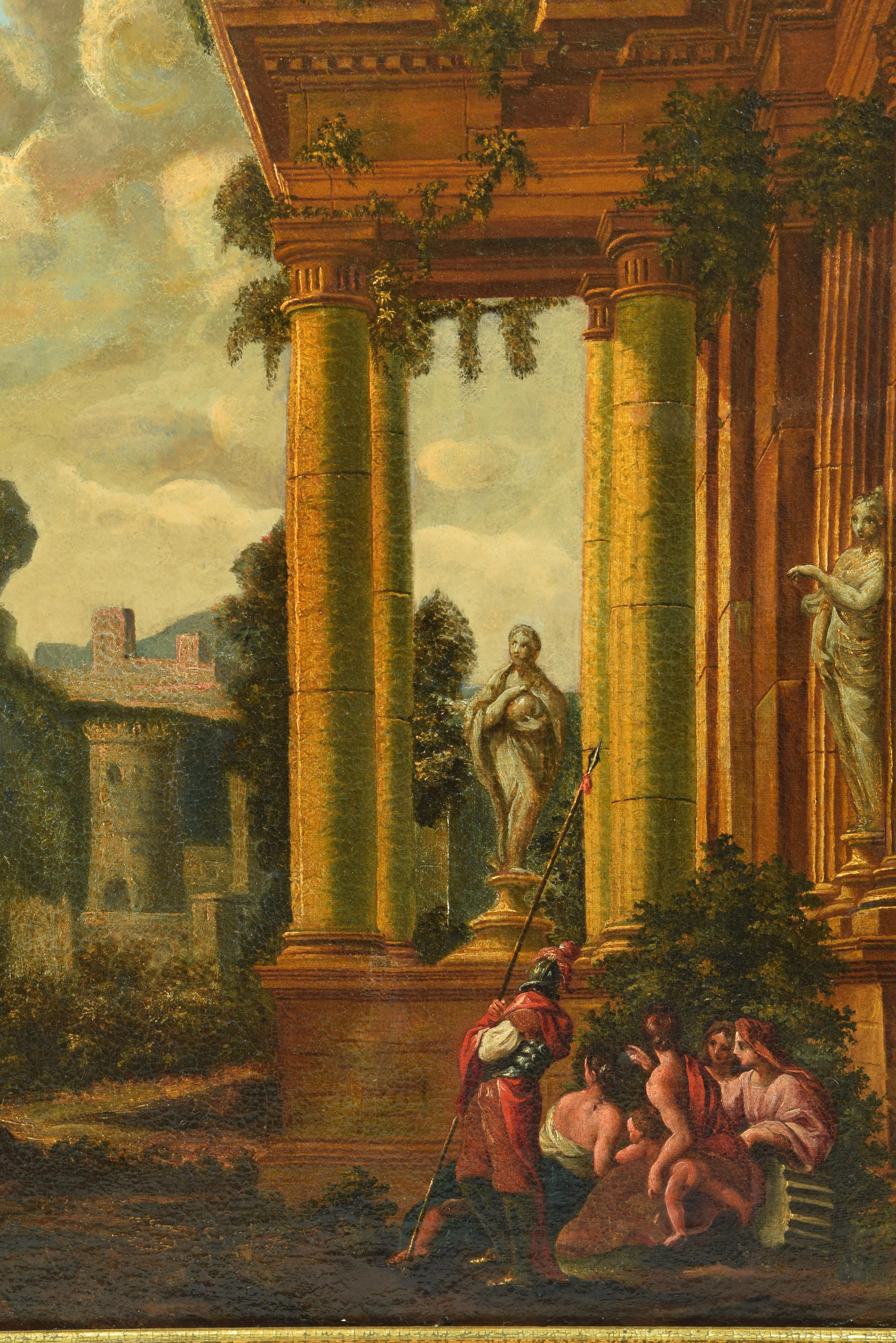 Landscape with classical ruins. Oil on canvas. Attributed to Giner, Vicente (ca. 1636-1681). 
Reengineered (reentelado in spanish).
Landscape with rocks and buildings in the background that presents, in the foreground, constructions with a marked