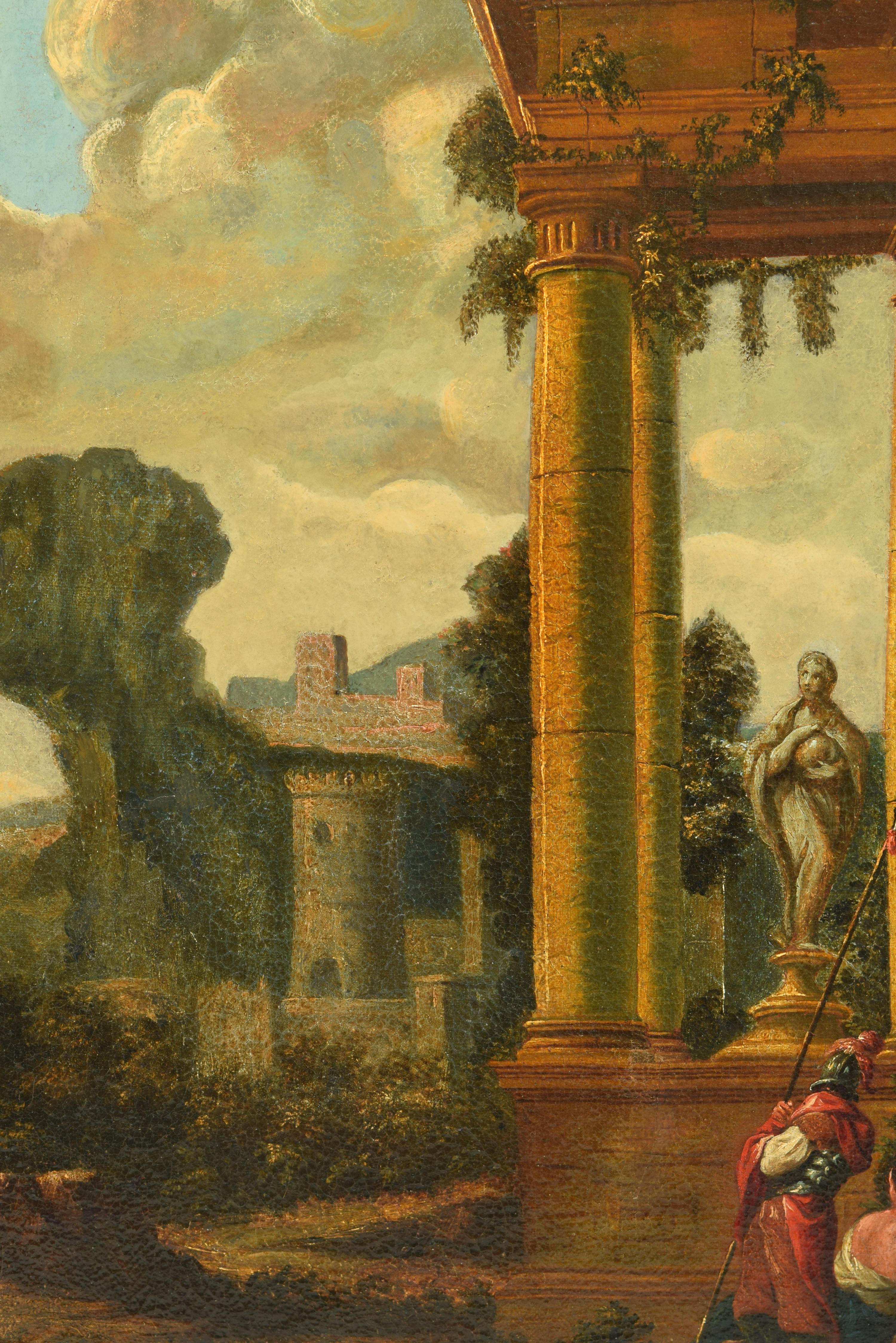 Baroque Paysage avec ruines classiques, huile sur toile, attribuée à Giner, Vicente en vente