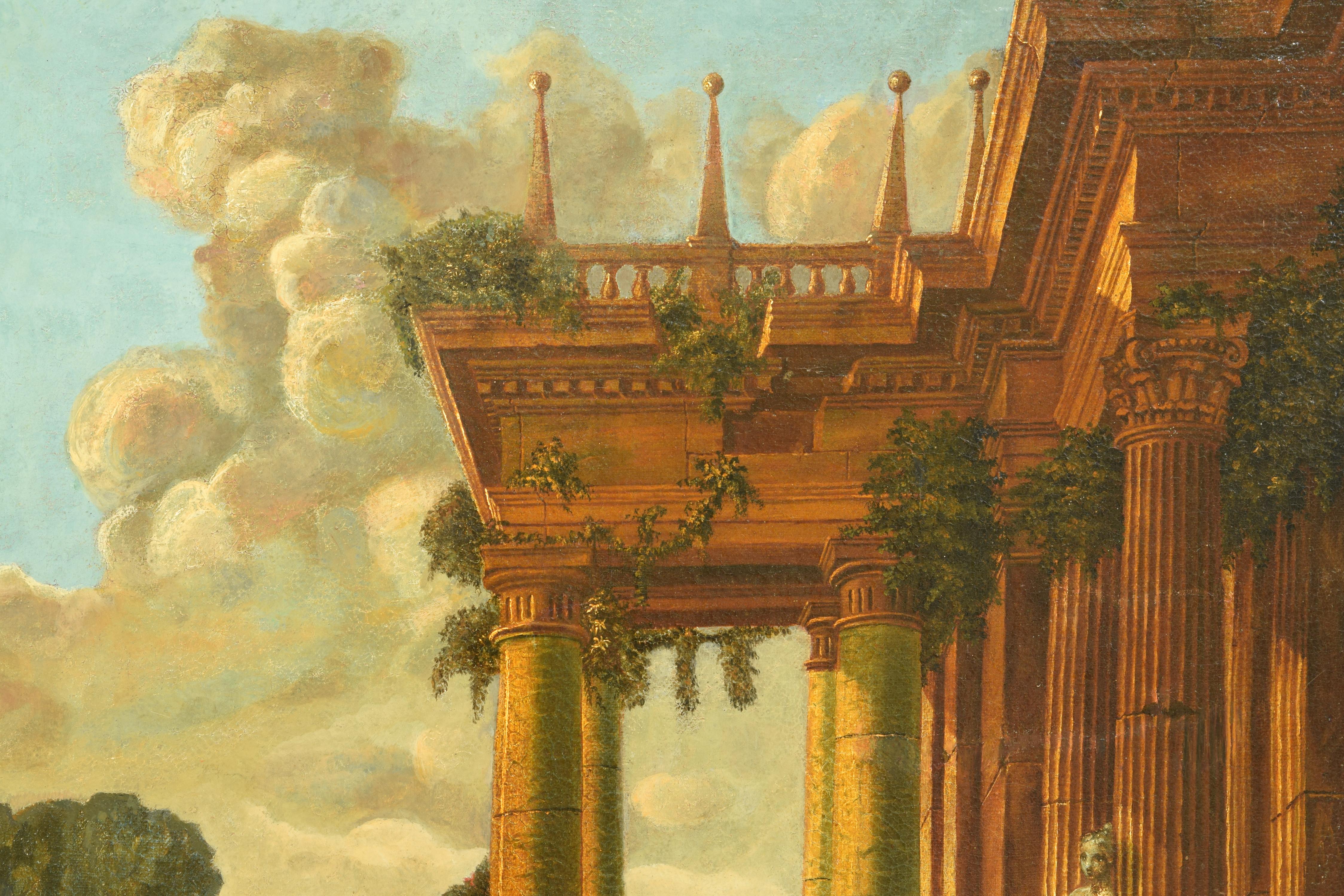 XVIIIe siècle et antérieur Paysage avec ruines classiques, huile sur toile, attribuée à Giner, Vicente en vente
