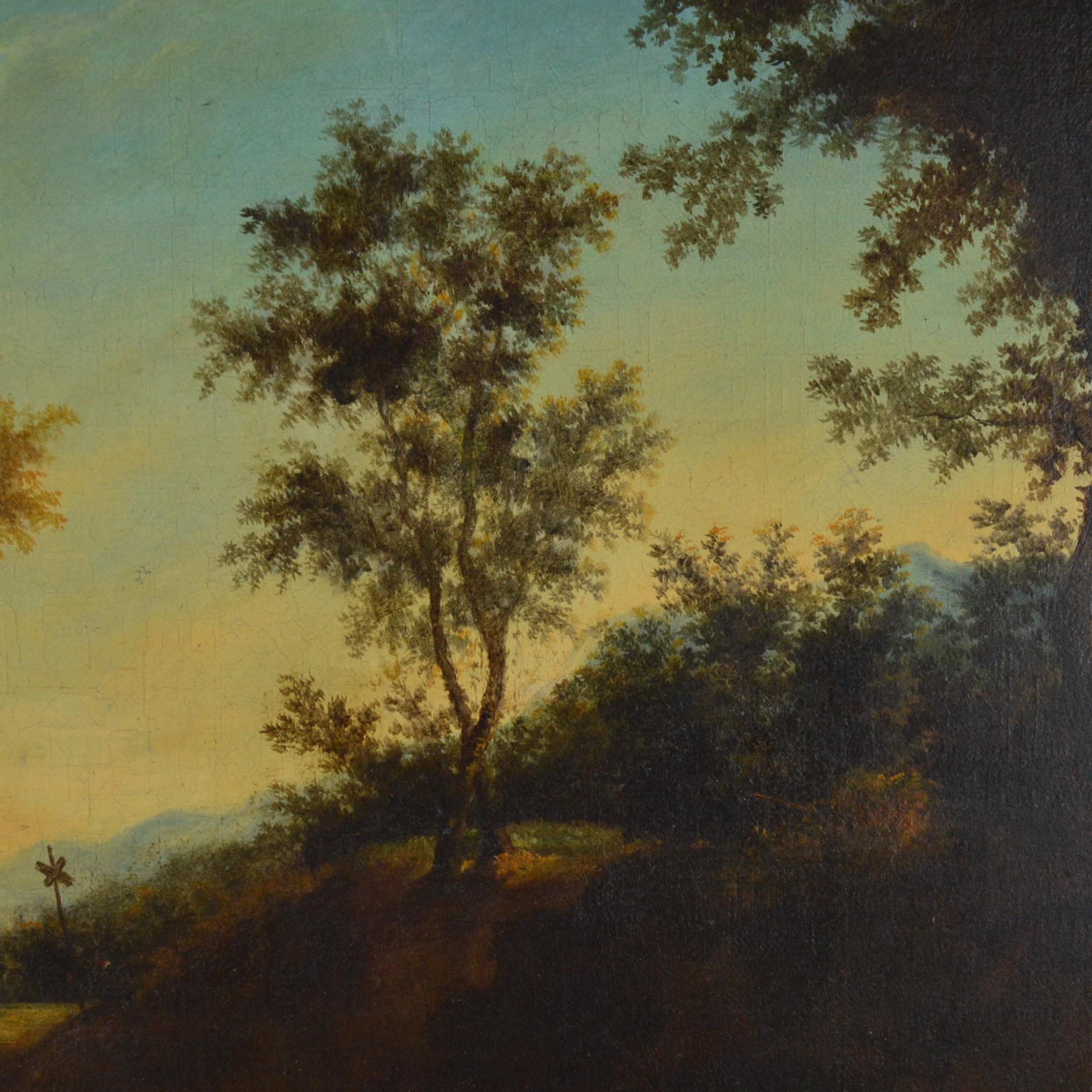Landscape with figures painting Flemish school 18th century.
Oil on canvas. Measures: 52 x 49 cm, 74 x 71 cm (frame).