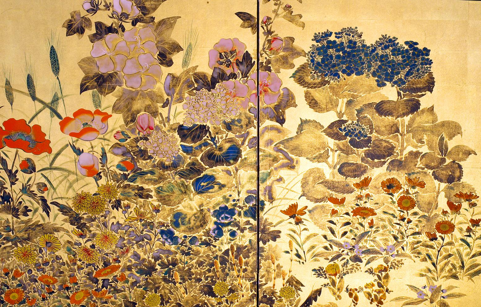 Meiji Landscape with Flowers, Japanese Folding Screen For Sale