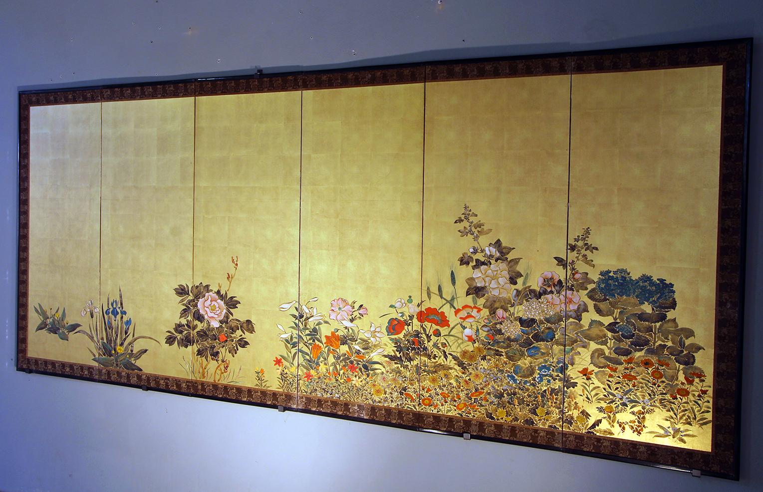 Hand-Painted Landscape with Flowers, Japanese Folding Screen For Sale