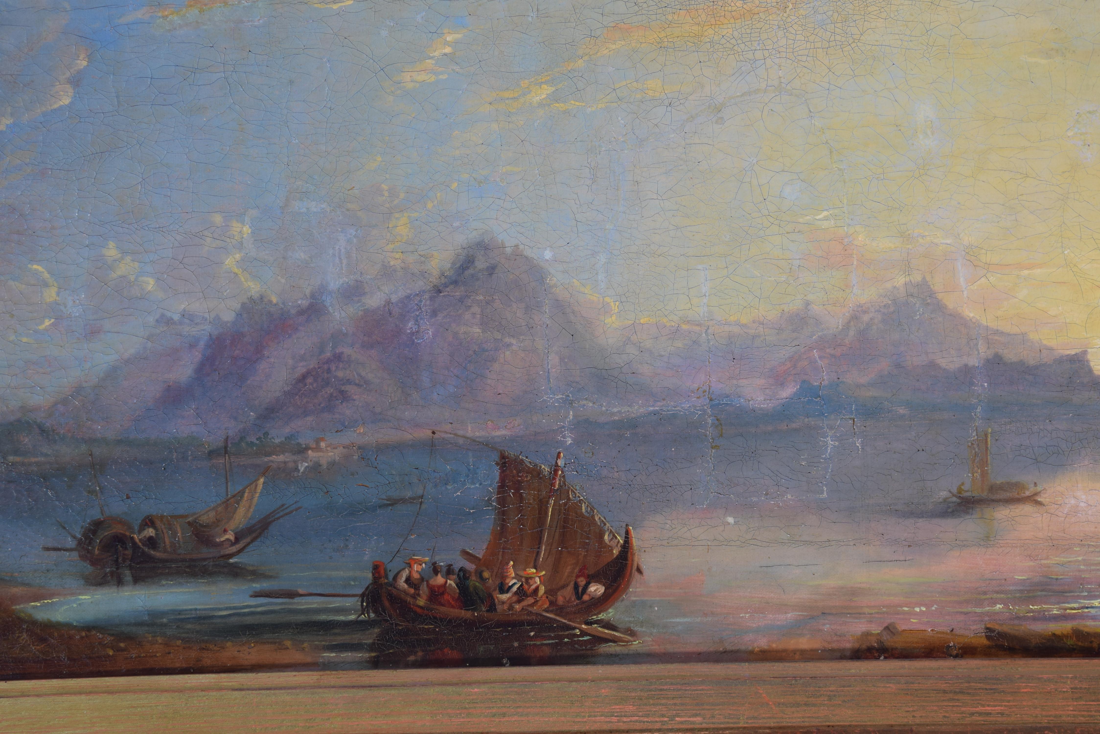 Landscape with lake. Oil on canvas. Century XVIII. 
Landscape with a sunset situated on a lake, with some mountains in the background and some trees and a hut in the foreground. Slightly animating the composition, different types of boats with