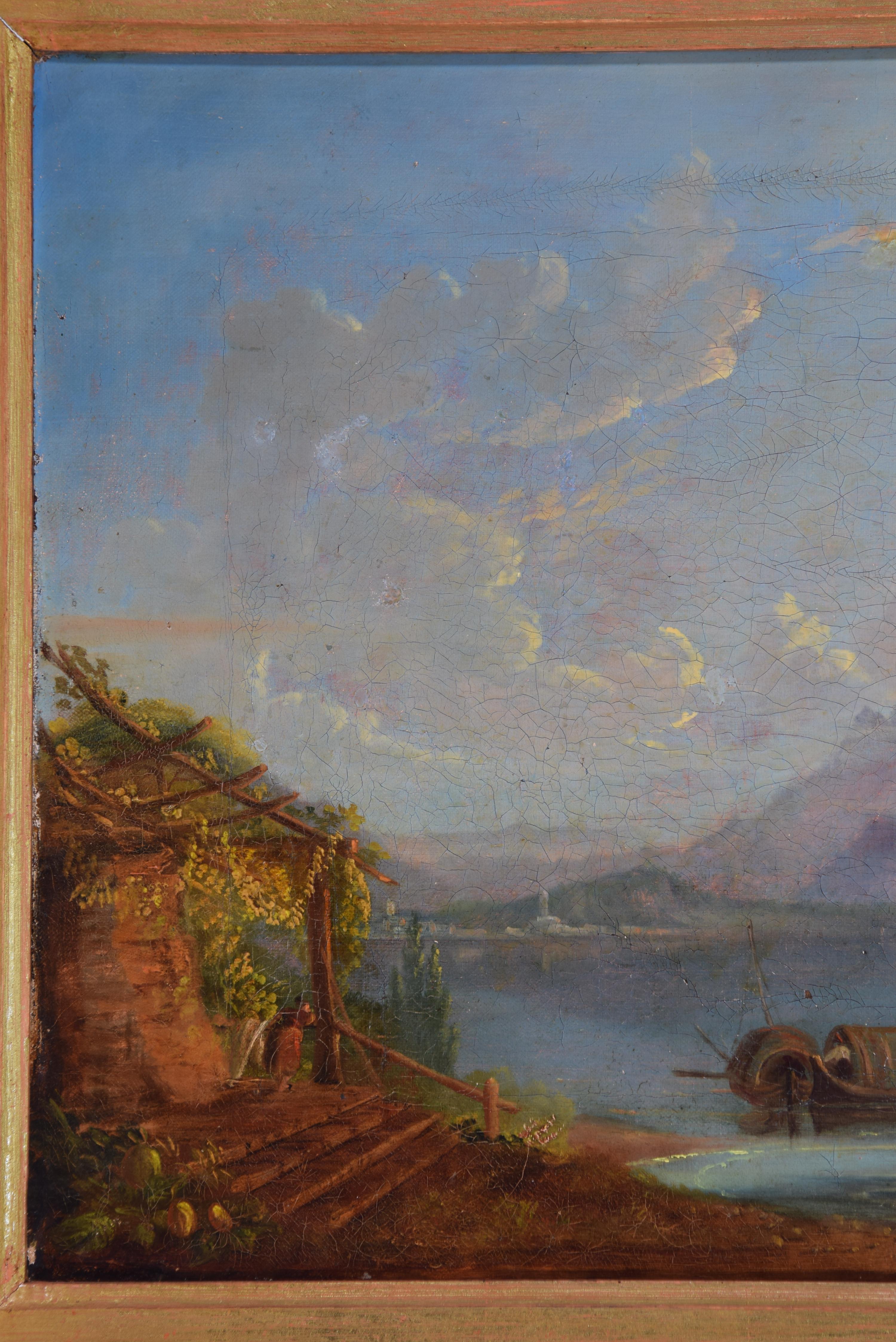 Spanish Landscape with Lake, Oil on Canvas, 18th Century For Sale