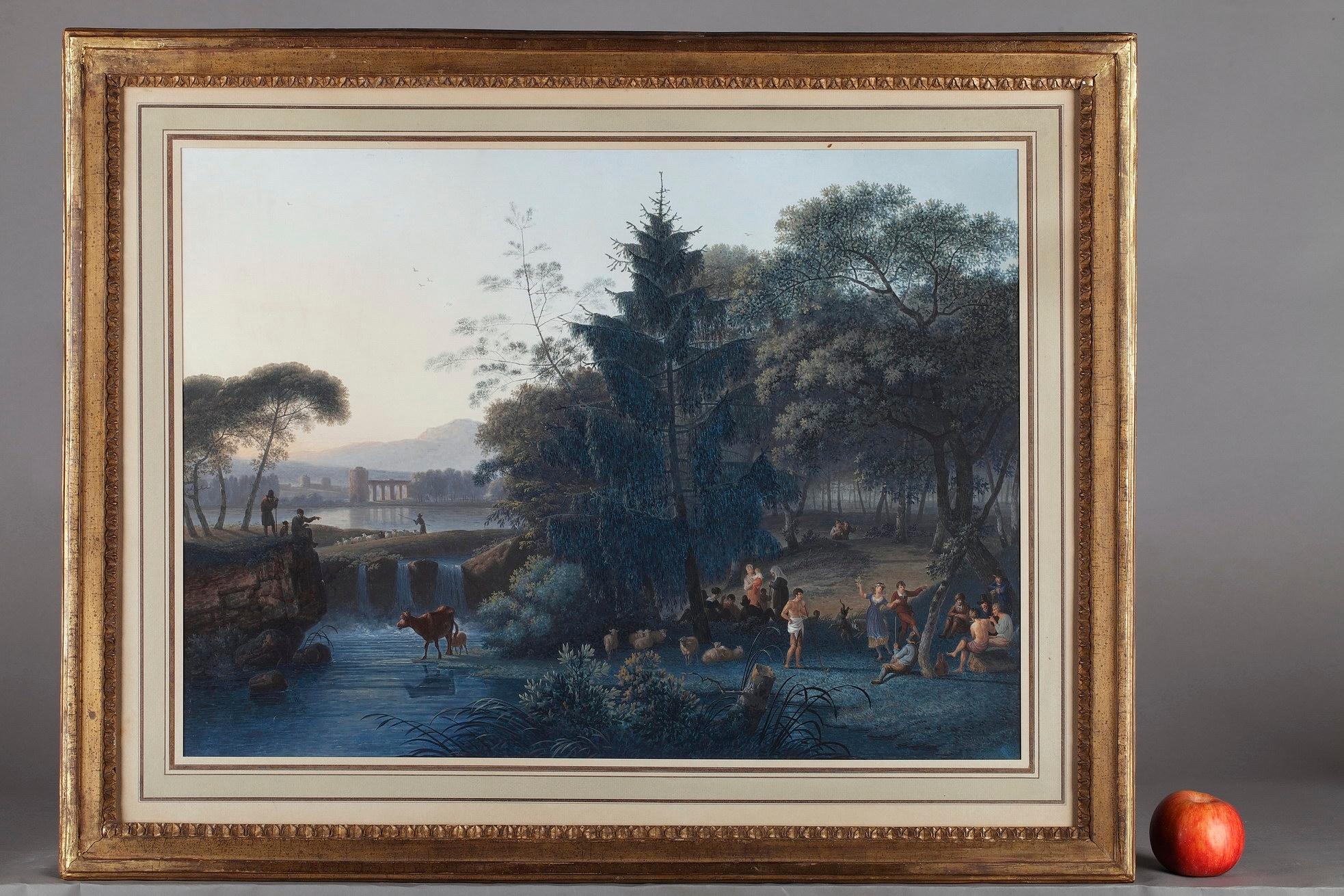 Two Romantic paintings depicting a country landscape with mill, and a pastoral scene with shepherds and peasants dancing or discussing. The pastoral, or bucolic, scenes depict life in an idealized manner, with schepherds herding livestock around