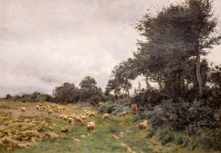 A late 19th century Barbizon School oil on canvas by Victor Jean Baptiste Barthélemy Binet (1849-1924), featuring a rural scene of sheep with a shepherd on a cloudy day.
He exhibited at the 1878 Paris Salon, at the Royal Acadmy in London in 1886
