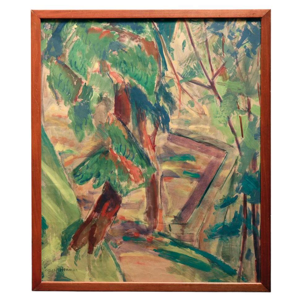 Landscape with Trees  by Alfred Henry Maurer, New York School, Gouache on Paper, Circa 1915. A dynamic Modernist rendering of trees and a wall in a landscape setting in hues of green, violet, sienna and yellow. Signed in pencil in the lower left