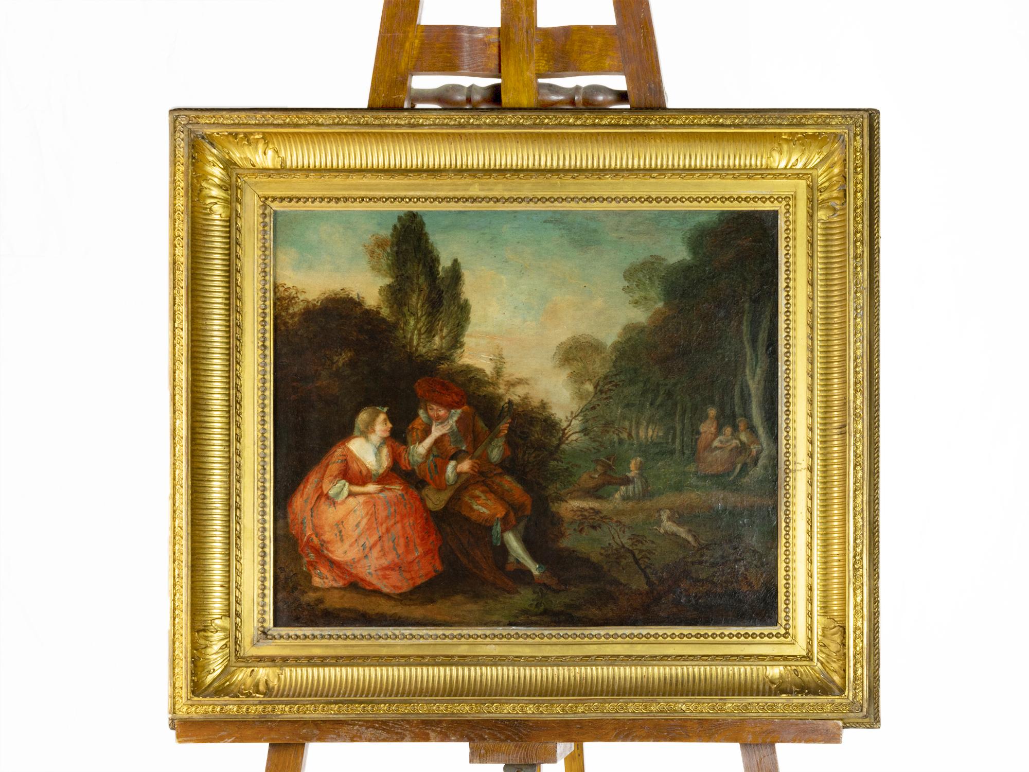 Très grande reproduction de peinture à l'huile d'Antoine Watteau. La toile est vieillie.

Cadre : 75,5 cm (29,72 pouces) x 66,5 cm (26,18 pouces)
Toile : 55,5 cm (21,85 pouces) x 46,5 cm (18,31 pouces)

Jean-Antoine Watteau (1684-1721) était un