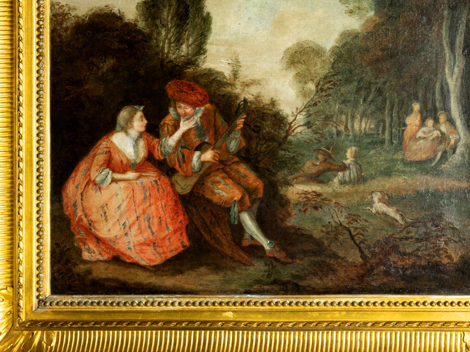 Baroque Paysage avec deux figures centrales  Peinture baroque d'après Antoine Watteau en vente