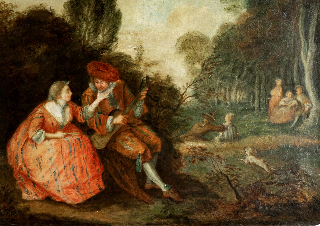 Français Paysage avec deux figures centrales  Peinture baroque d'après Antoine Watteau en vente
