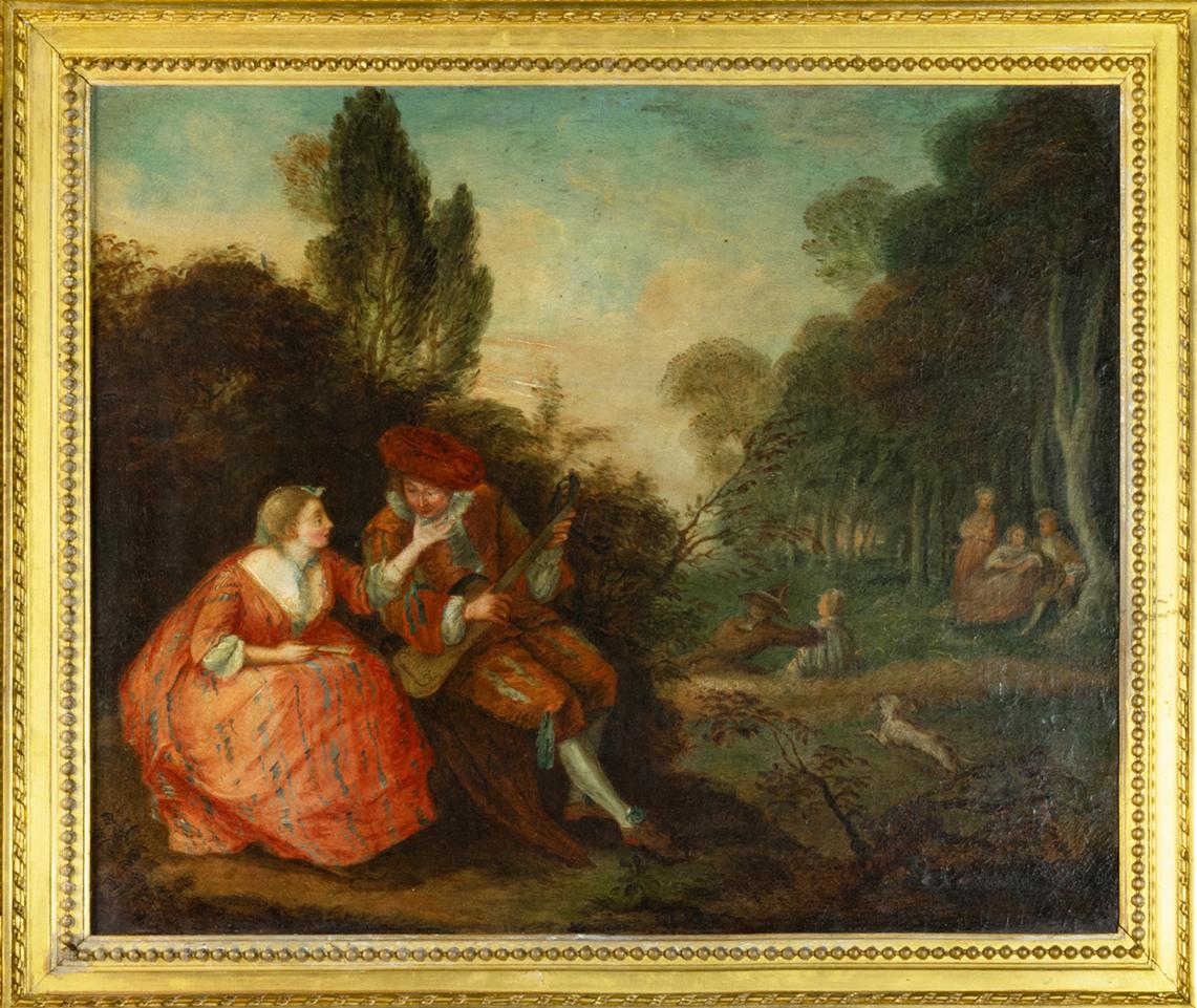 Huilé Paysage avec deux figures centrales  Peinture baroque d'après Antoine Watteau en vente