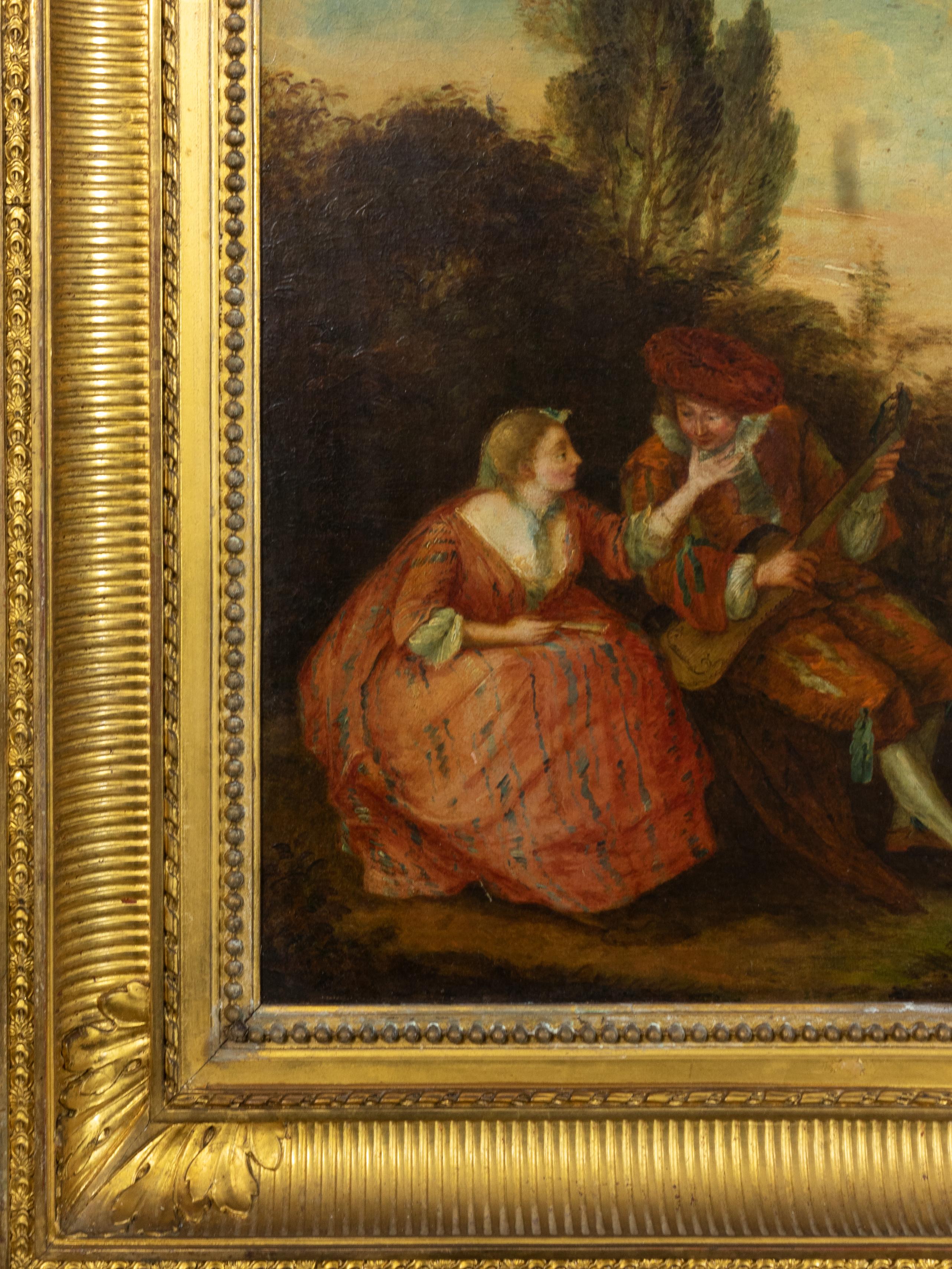 XIXe siècle Paysage avec deux figures centrales  Peinture baroque d'après Antoine Watteau en vente