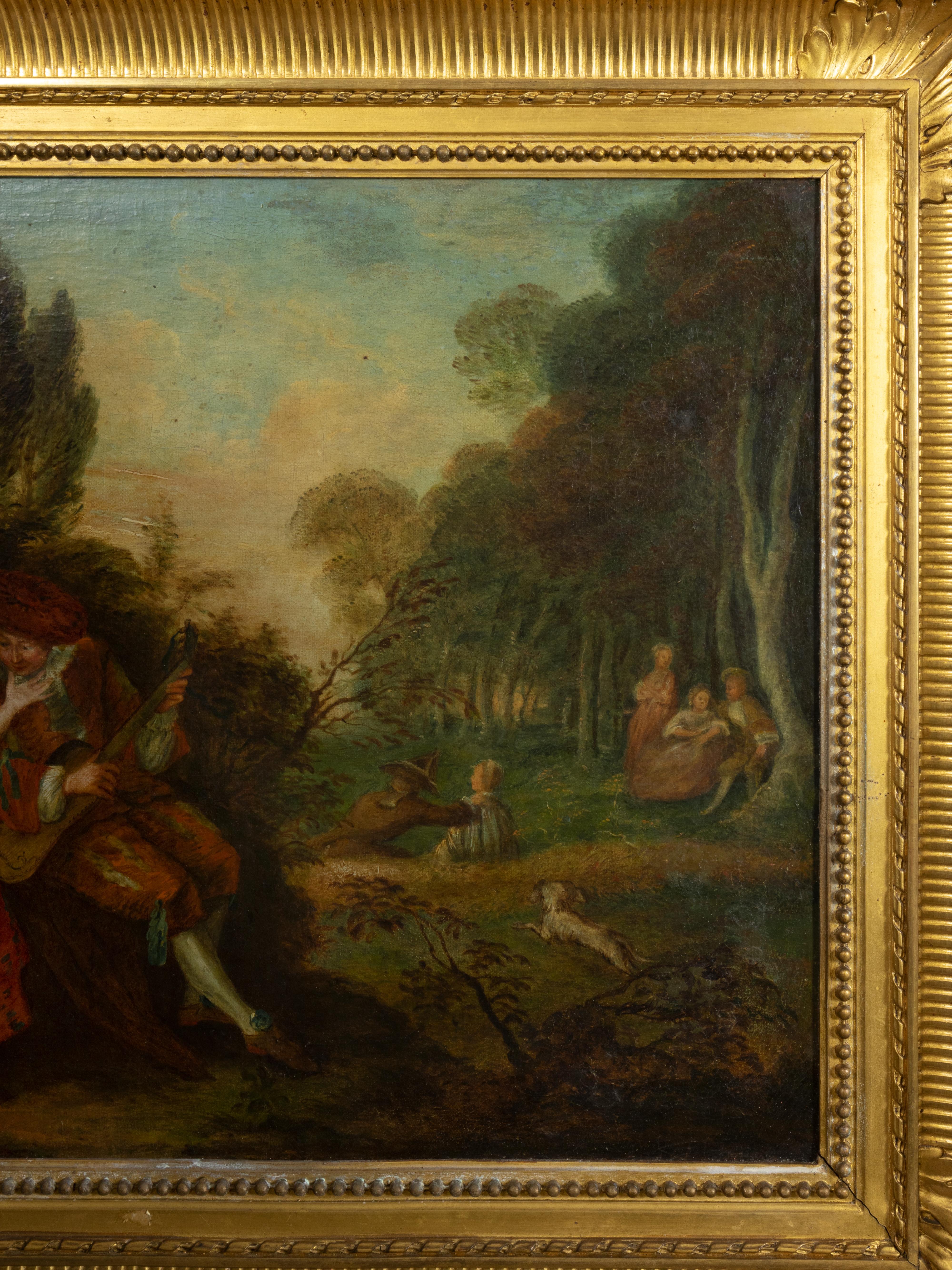 Toile Paysage avec deux figures centrales  Peinture baroque d'après Antoine Watteau en vente