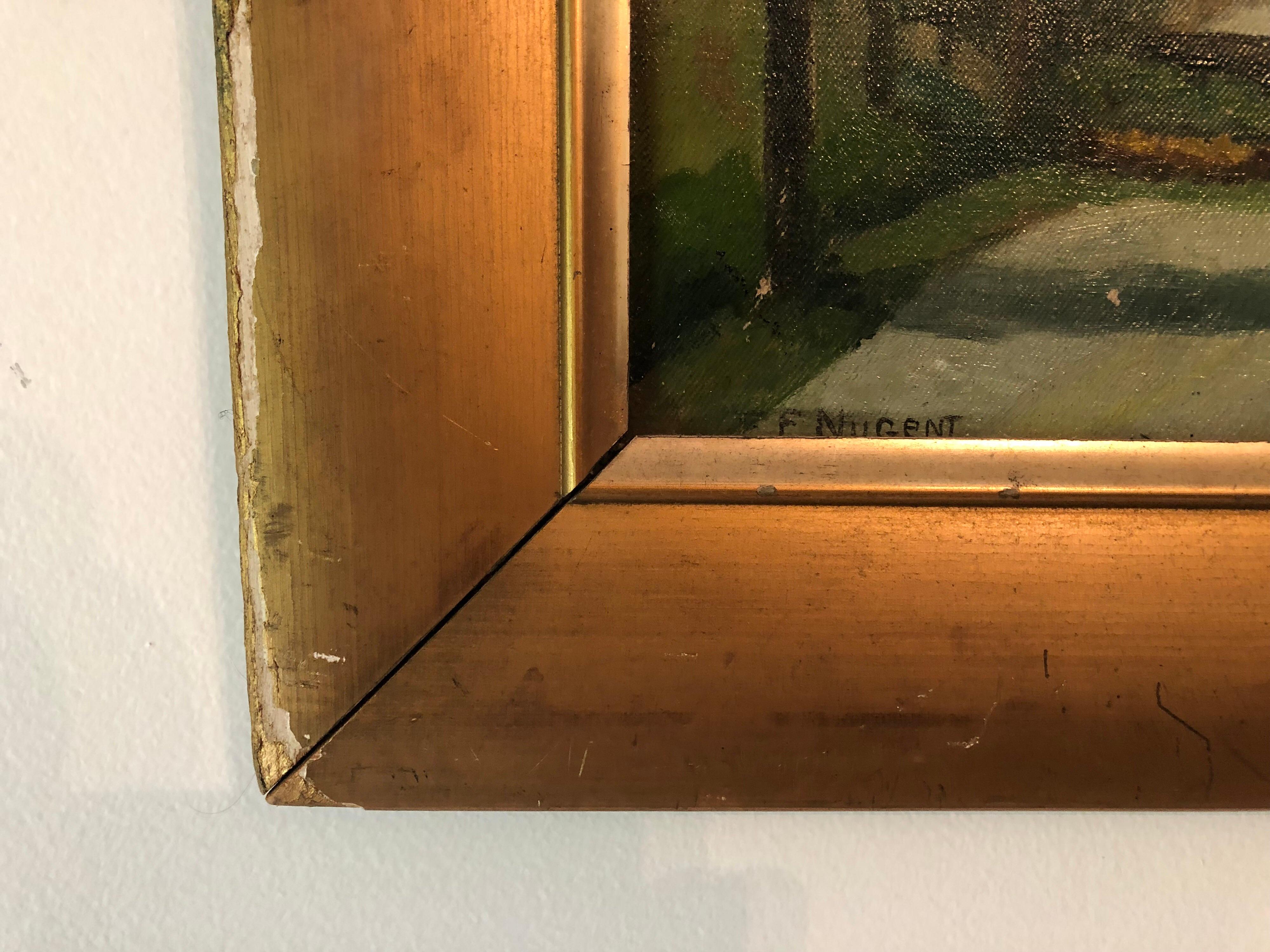 Landscape with willow tree by Frances Roberts Nugent, circa 1930. Oil on canvas of a summer California bungalow set beside a pond and flanked by a mature willow tree. Signed lower left margin, F. Nugent. Presented in a giltwood plain molded frame.