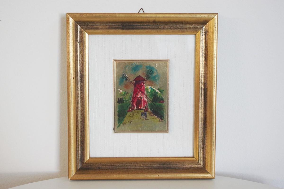 Feuille d'or Paysage avec moulin à vent imprimé sur feuille d'or - 1980 en vente