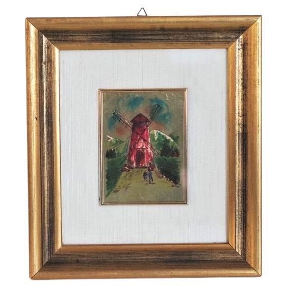 Paysage avec moulin à vent imprimé sur feuille d'or - 1980
