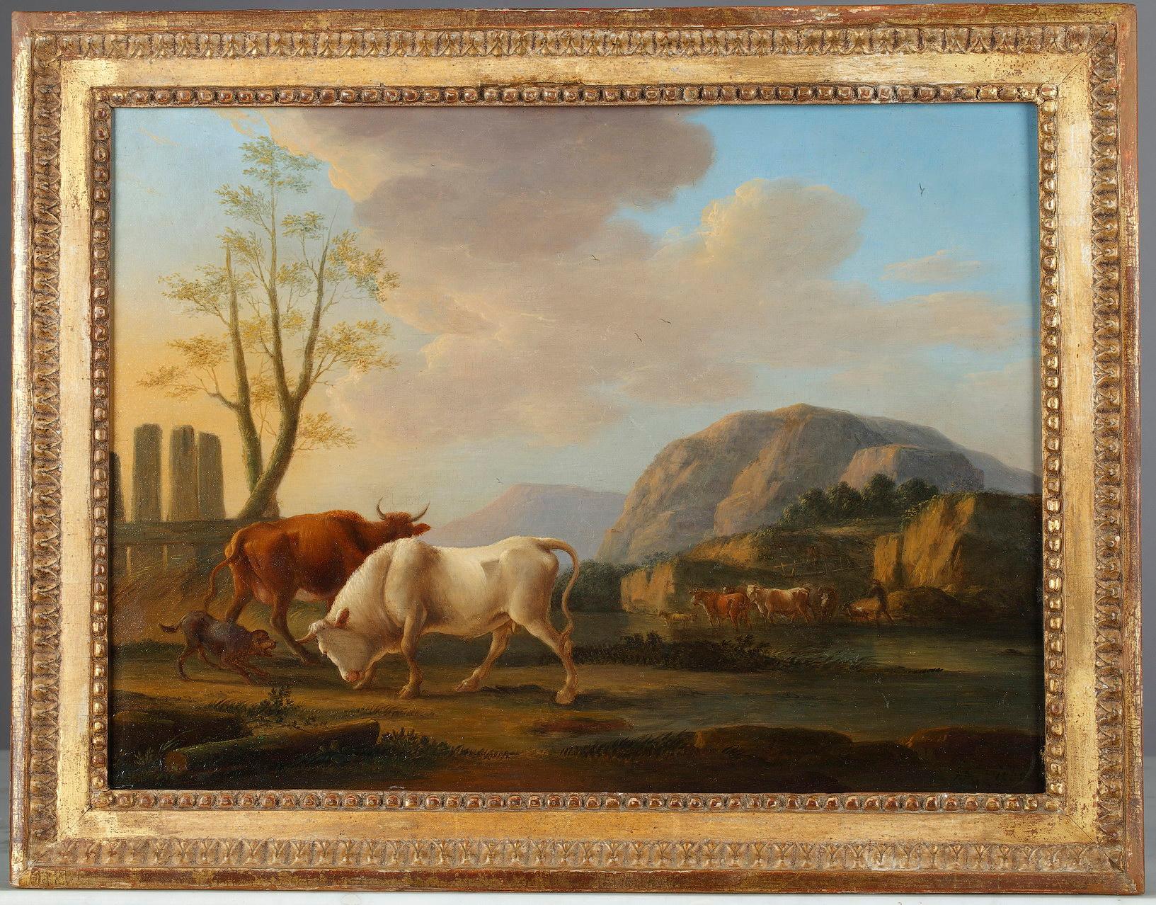 „Landschaften mit Kühen“, Ölgemälde auf Tafel, signiert Dieboldt, Paar im Angebot 6