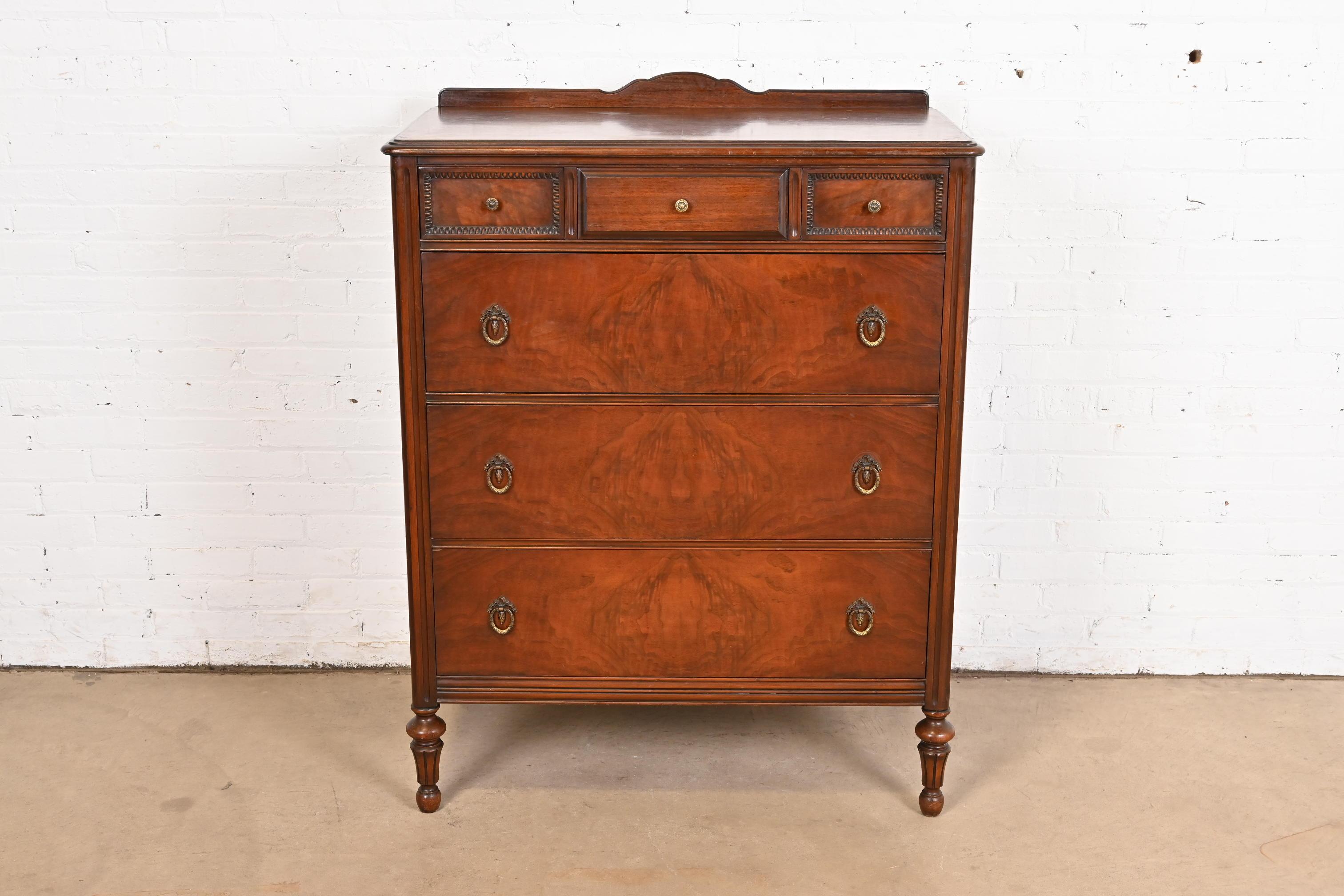 American Landstrom French Regency Louis XVI Carved Burled Walnut Highboy Dresser, 1940s For Sale