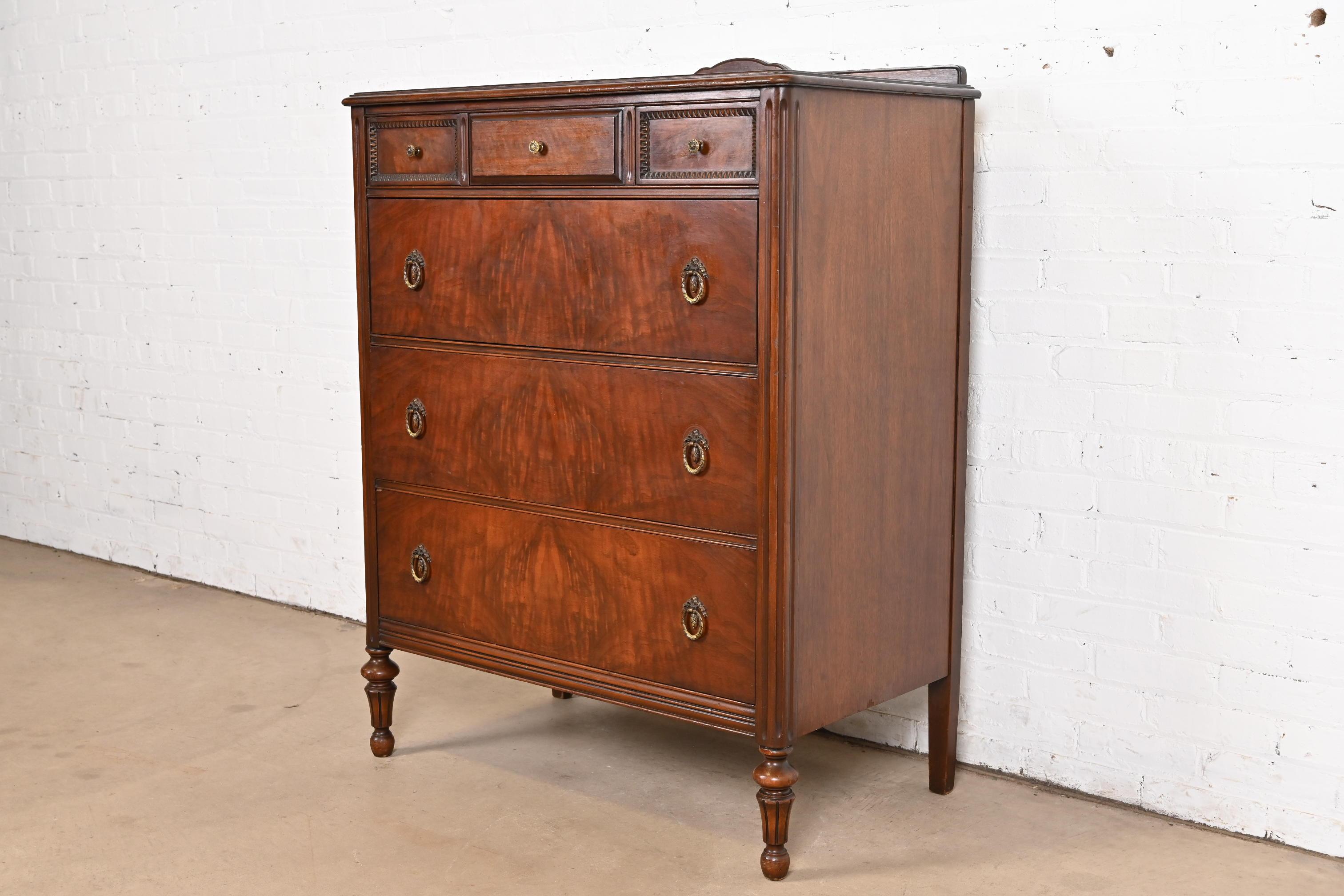 Landstrom French Regency Louis XVI Carved Burled Walnut Highboy Dresser, 1940s In Good Condition For Sale In South Bend, IN