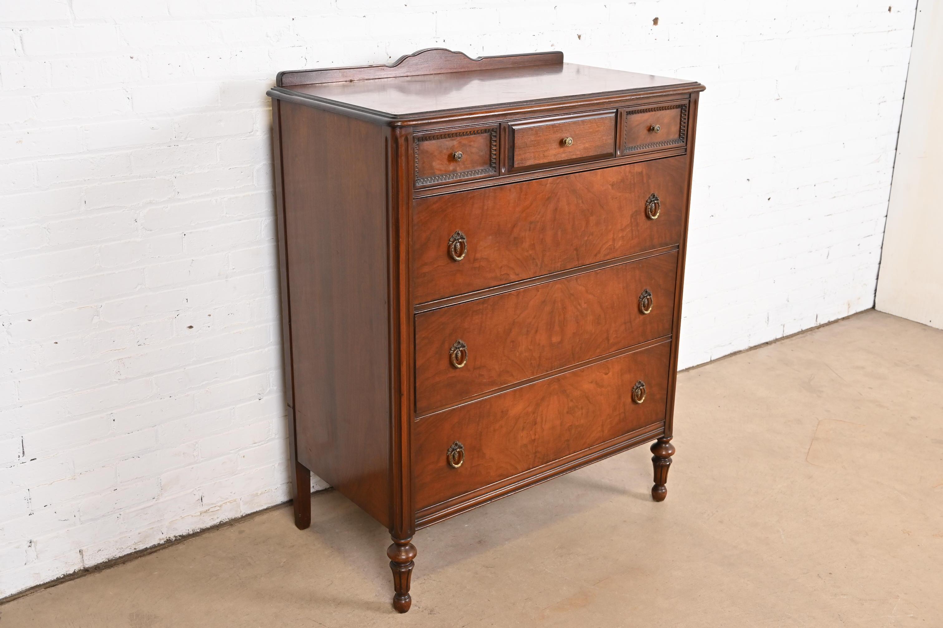 Mid-20th Century Landstrom French Regency Louis XVI Carved Burled Walnut Highboy Dresser, 1940s For Sale