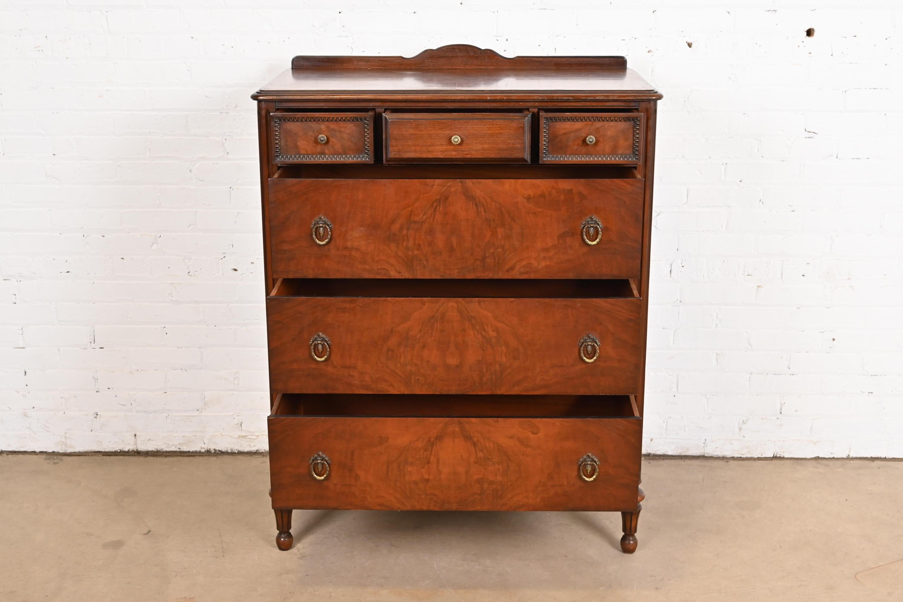 Brass Landstrom French Regency Louis XVI Carved Burled Walnut Highboy Dresser, 1940s For Sale