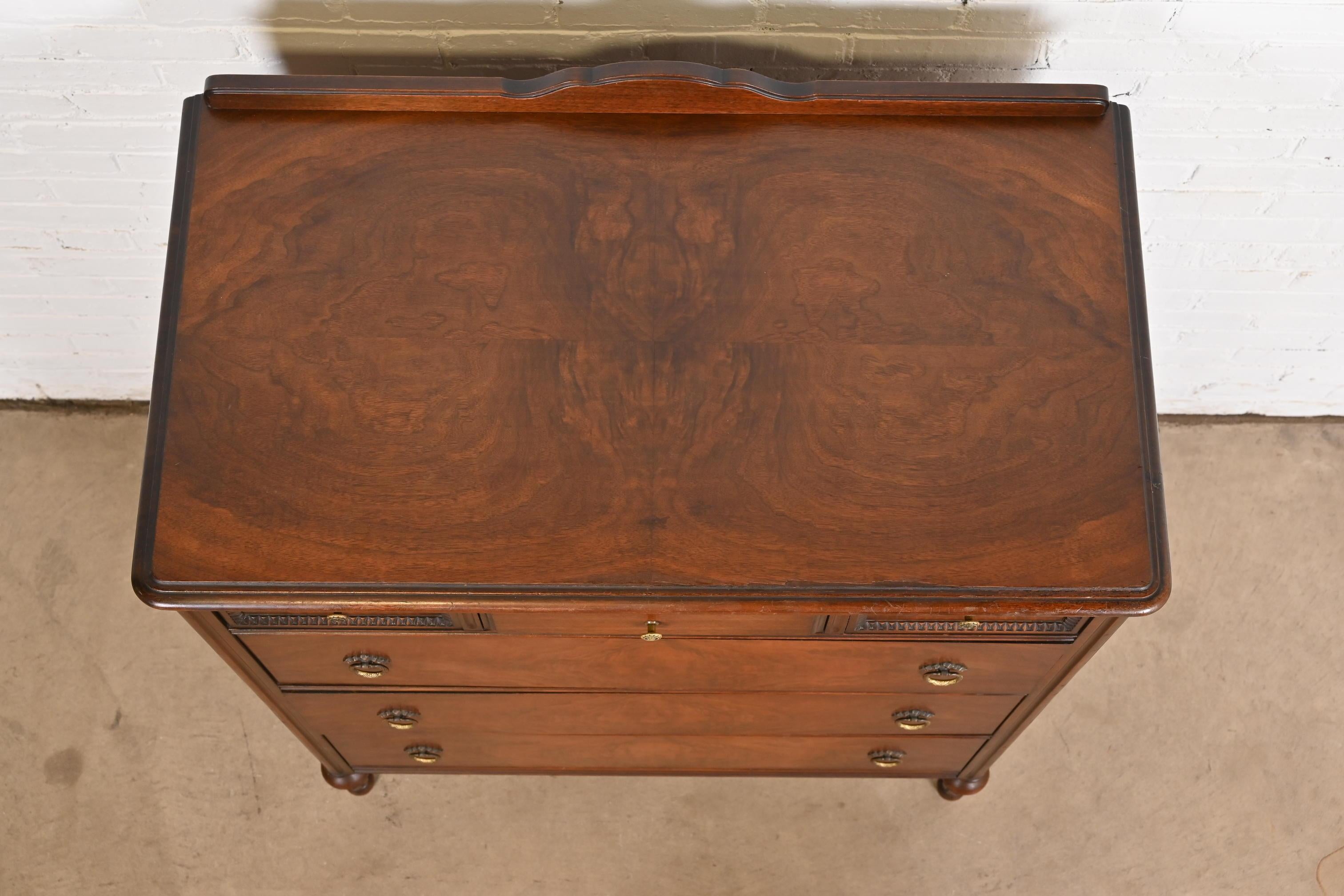 Landstrom French Regency Louis XVI Carved Burled Walnut Highboy Dresser, 1940s For Sale 3