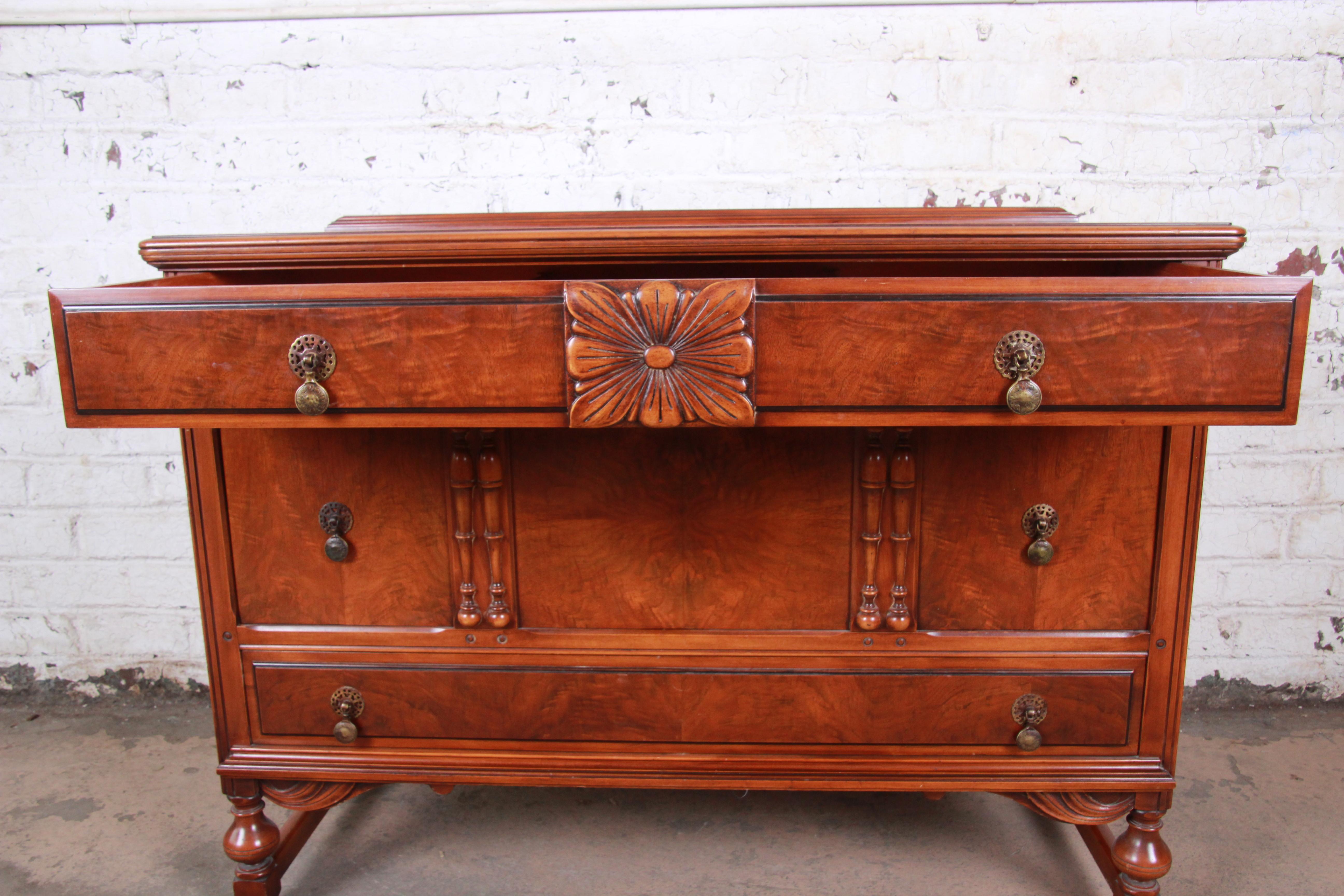 Landstrom Furniture French Carved Burled Walnut Dresser, circa 1940s In Good Condition In South Bend, IN