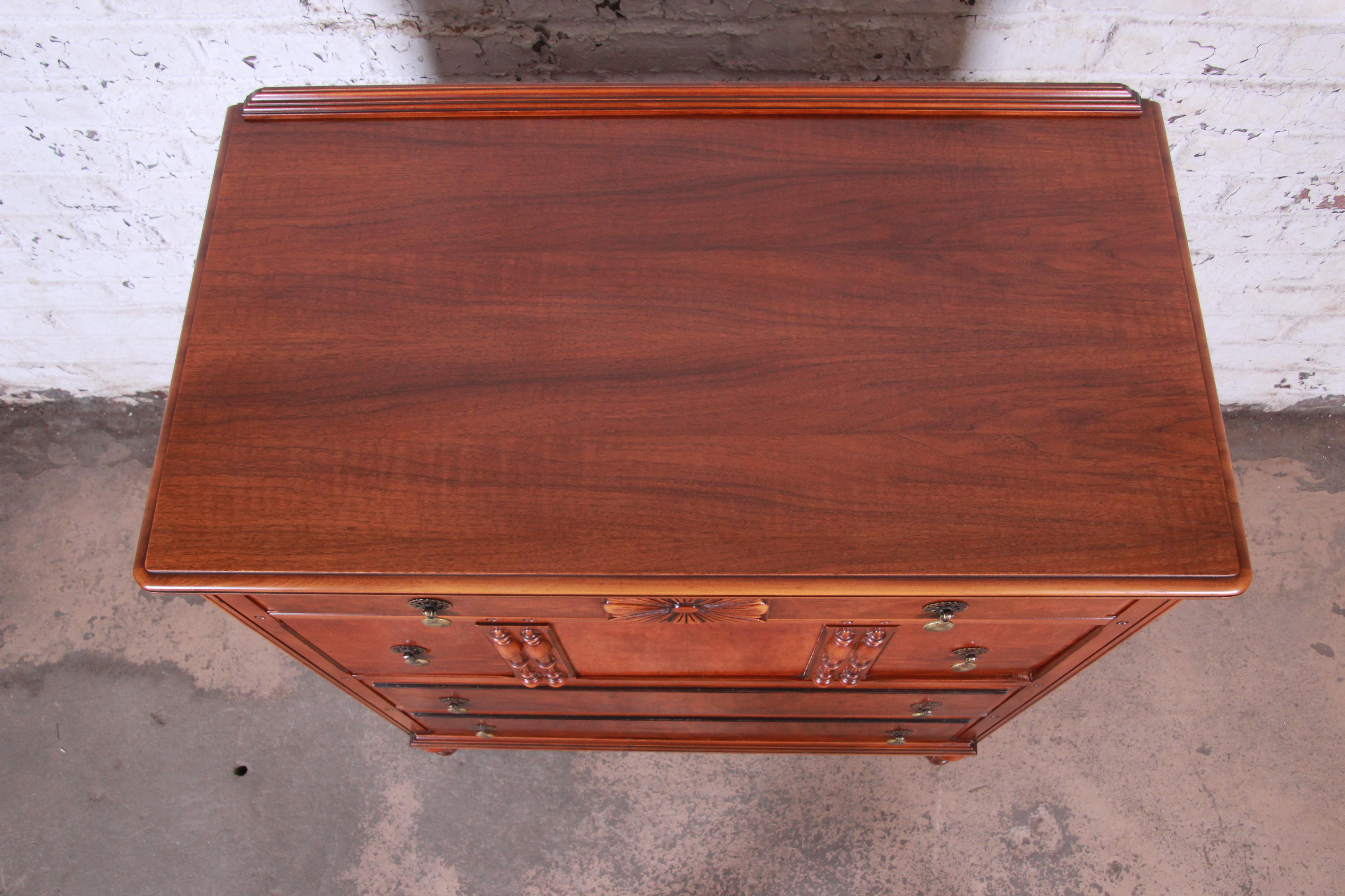 Brass Landstrom Furniture French Carved Burled Walnut Highboy Dresser, circa 1940s