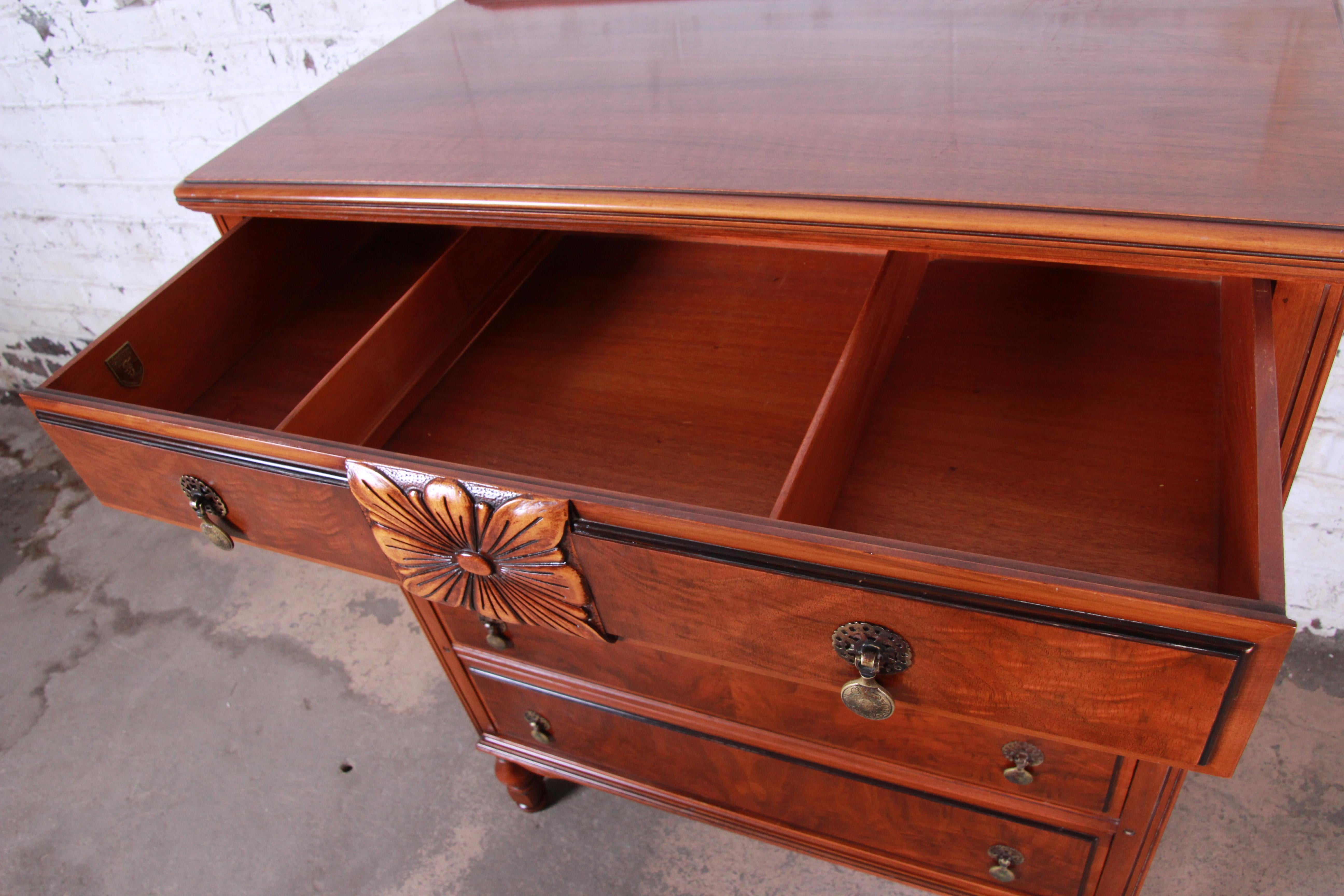 French Provincial Landstrom Furniture French Carved Burled Walnut Highboy Dresser, circa 1940s