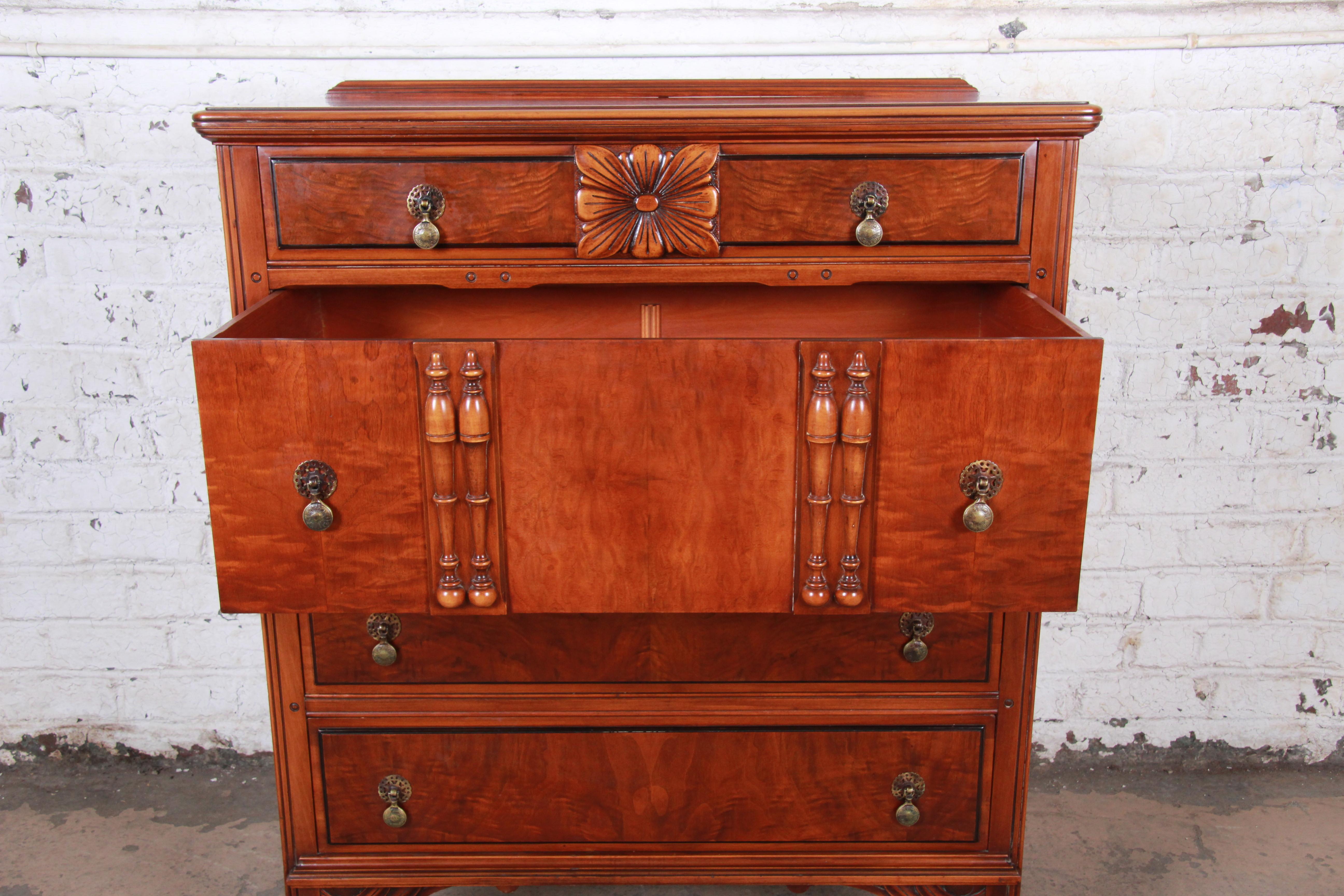 Landstrom Furniture French Carved Burled Walnut Highboy Dresser, circa 1940s In Good Condition In South Bend, IN