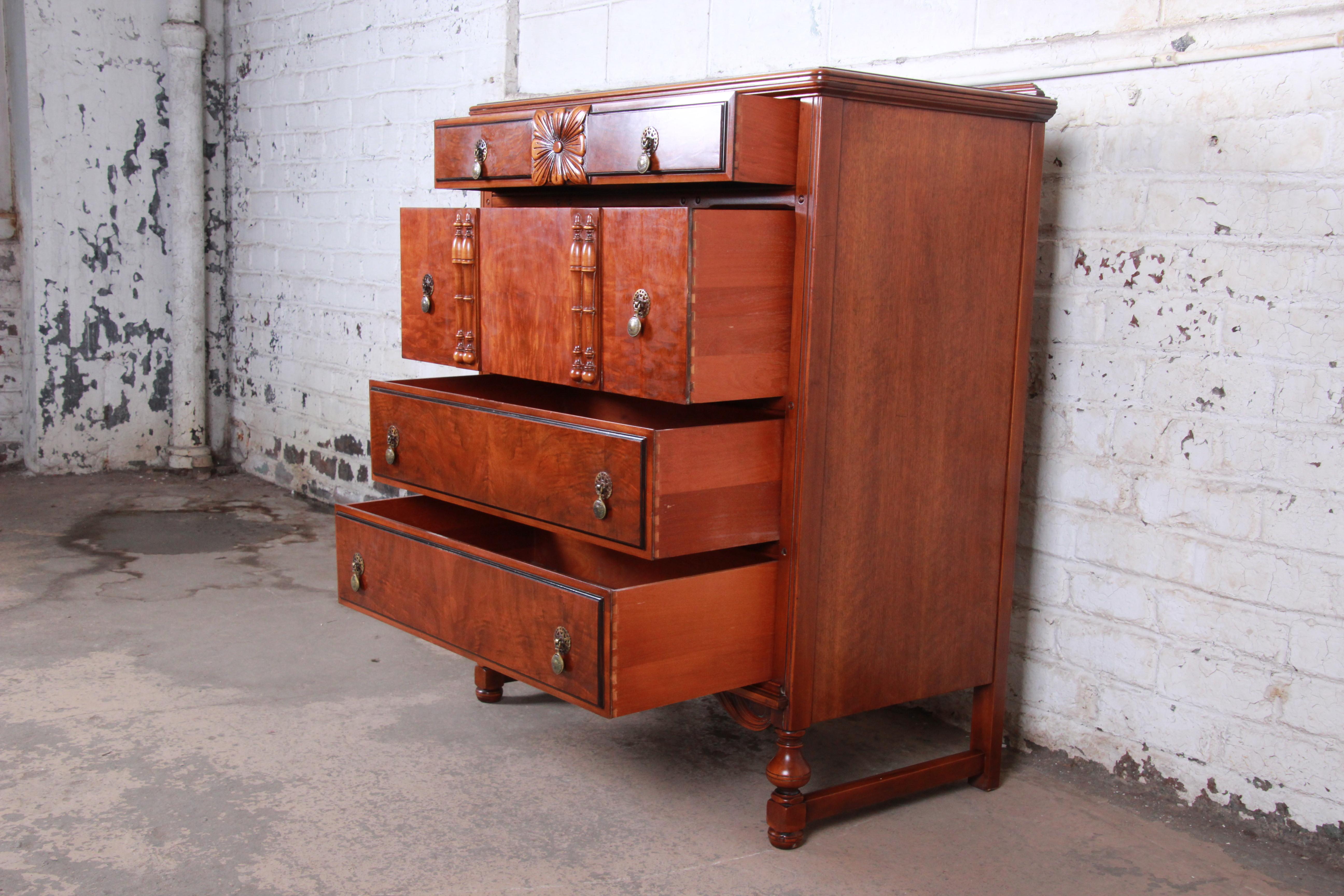 20th Century Landstrom Furniture French Carved Burled Walnut Highboy Dresser, circa 1940s