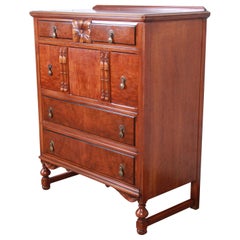 Landstrom Furniture French Carved Burled Walnut Highboy Dresser, circa 1940s