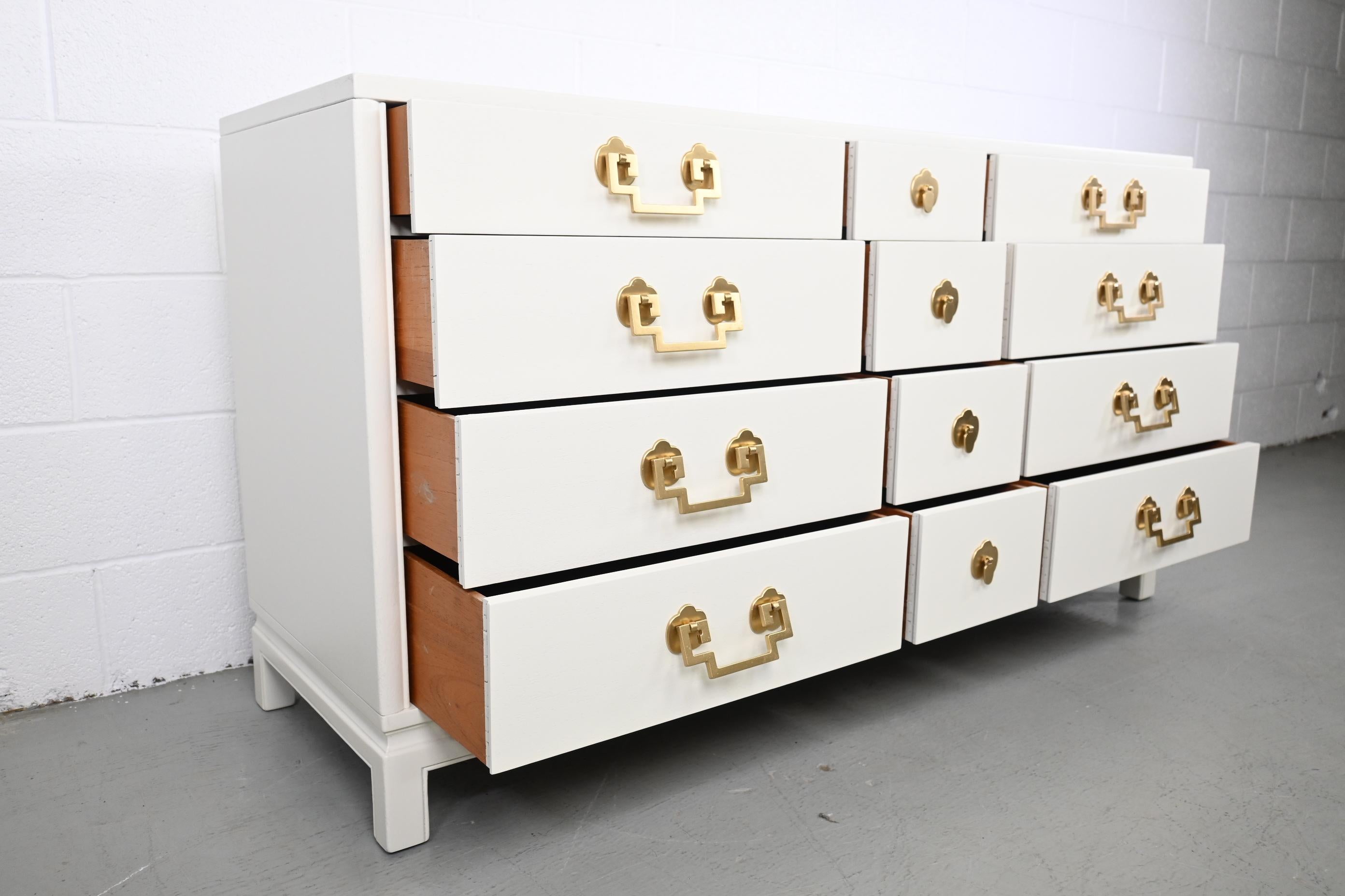 Wood Landstrom Furniture Ivory Lacquered Mid Century Dresser For Sale
