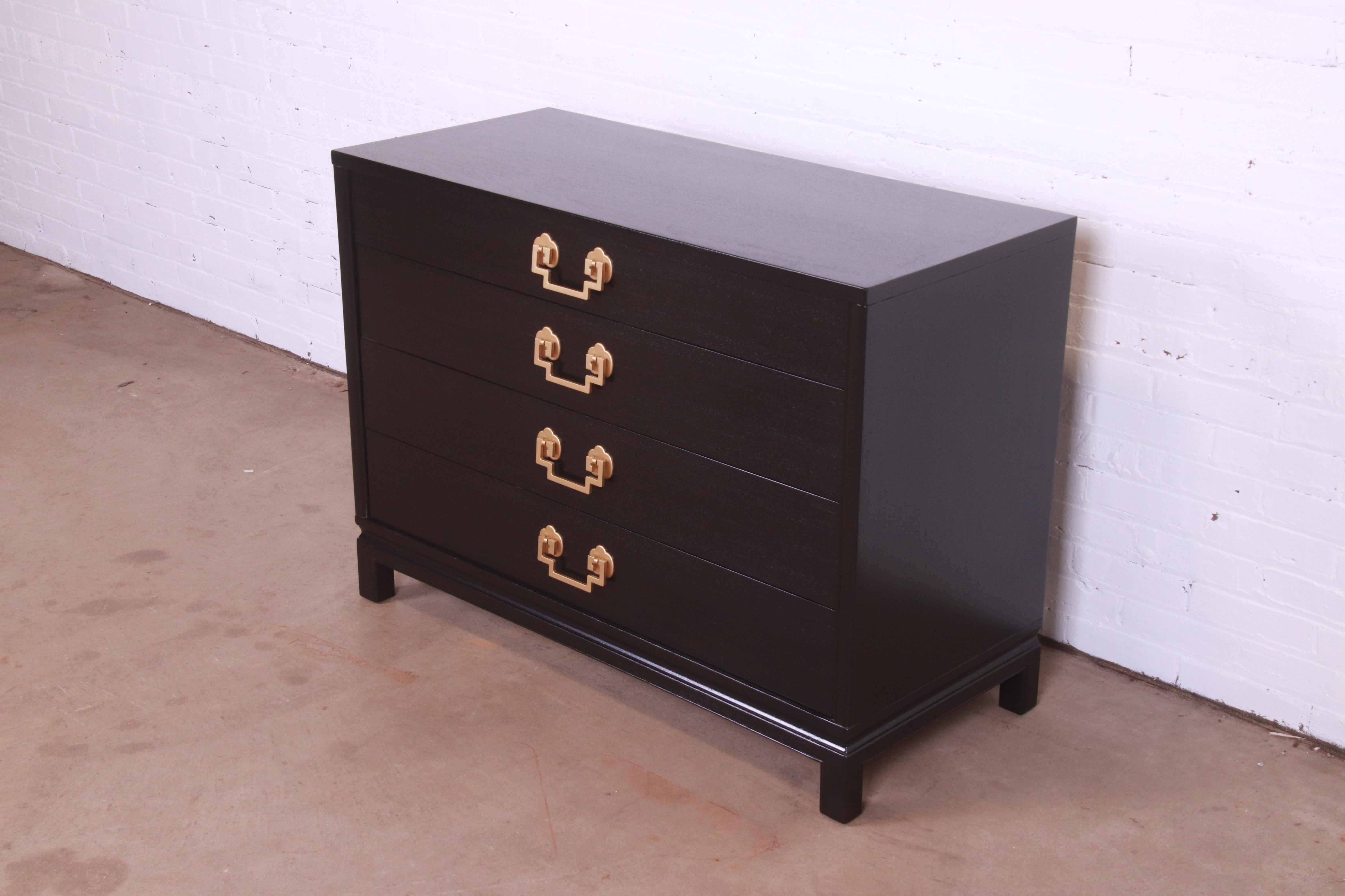 Mid-Century Modern Landstrom Hollywood Regency Black Lacquered Chest of Drawers, Newly Refinished