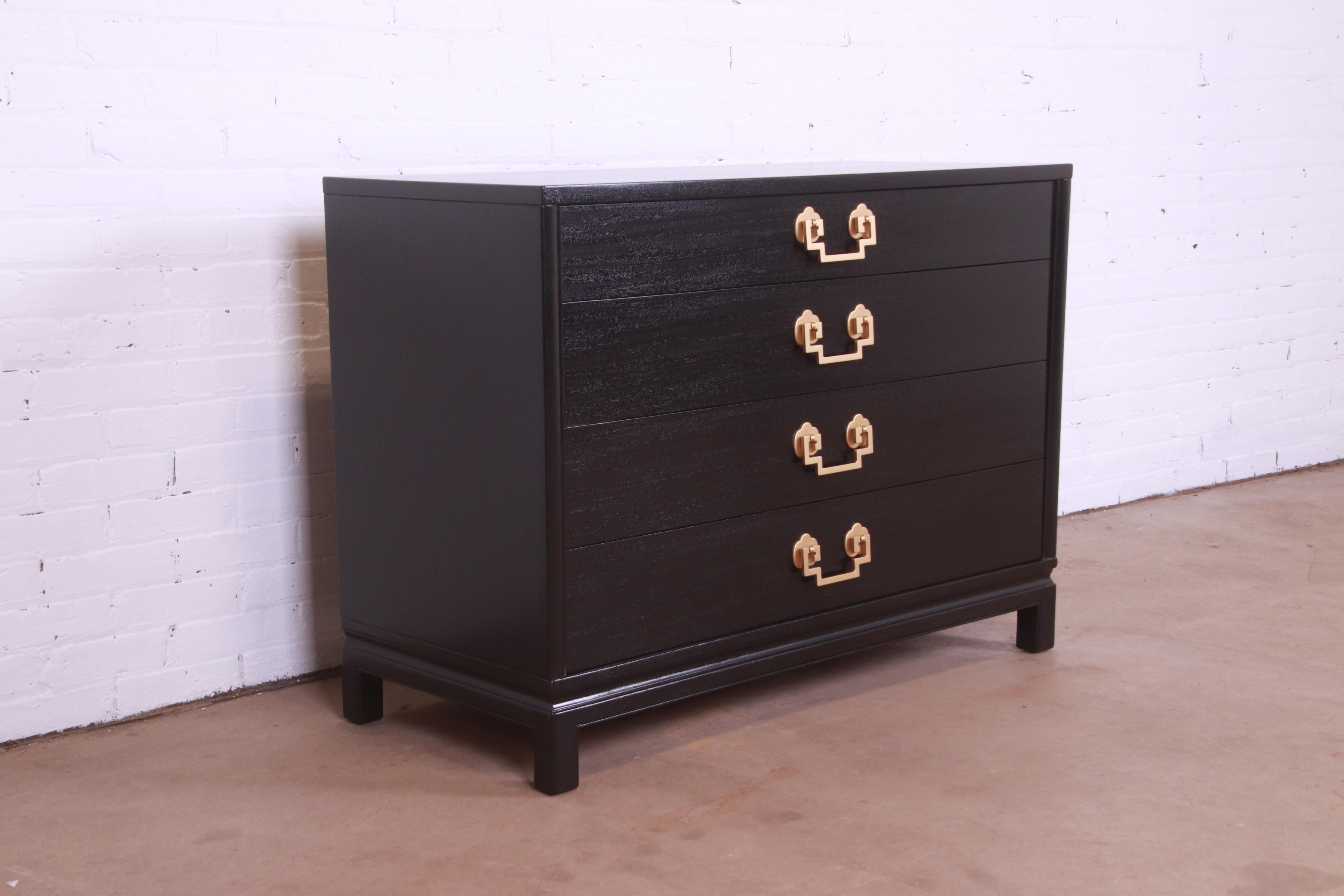 Brass Landstrom Hollywood Regency Black Lacquered Chest of Drawers, Newly Refinished