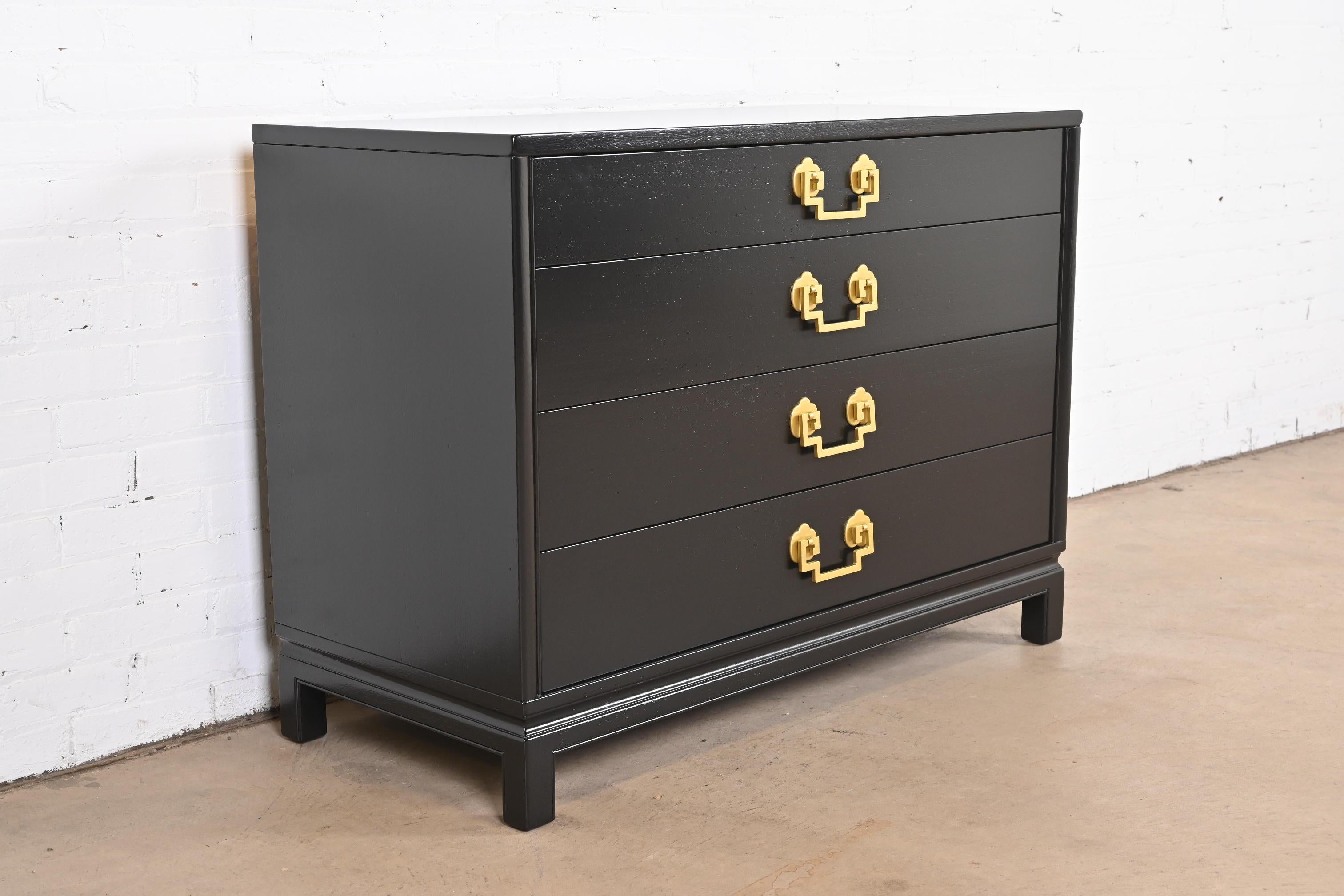 Brass Landstrom Mid-Century Modern Hollywood Regency Black Lacquered Chest of Drawers