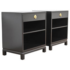 Landstrom Mid-Century Modern Hollywood Regency Black Lacquered Nightstands, Pair
