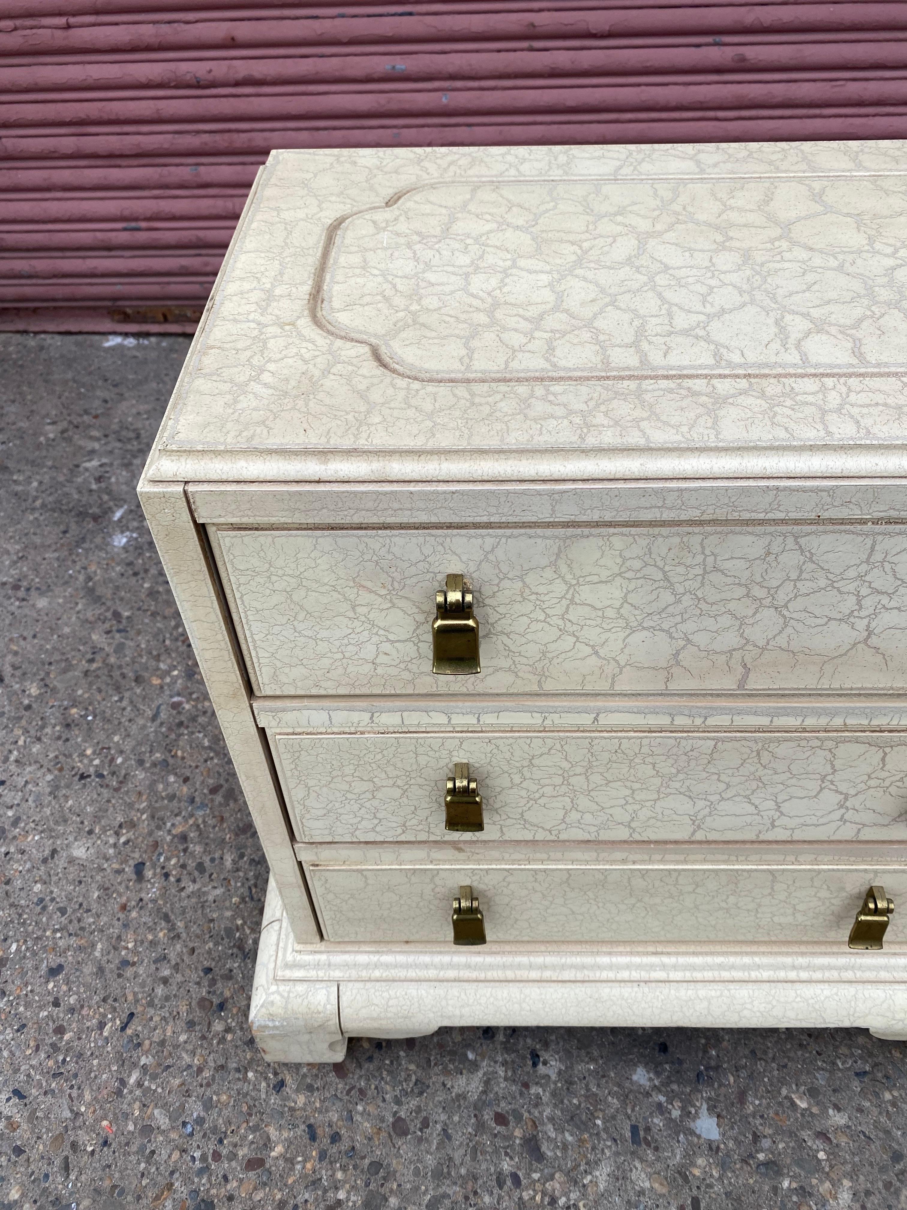 Lane 3 drawer small cabinet/ nightstand. Perfect to use in so many ways! Unusual crackle finish with brass pulls. Overall in nice shape! Lane stamp inside top drawer.