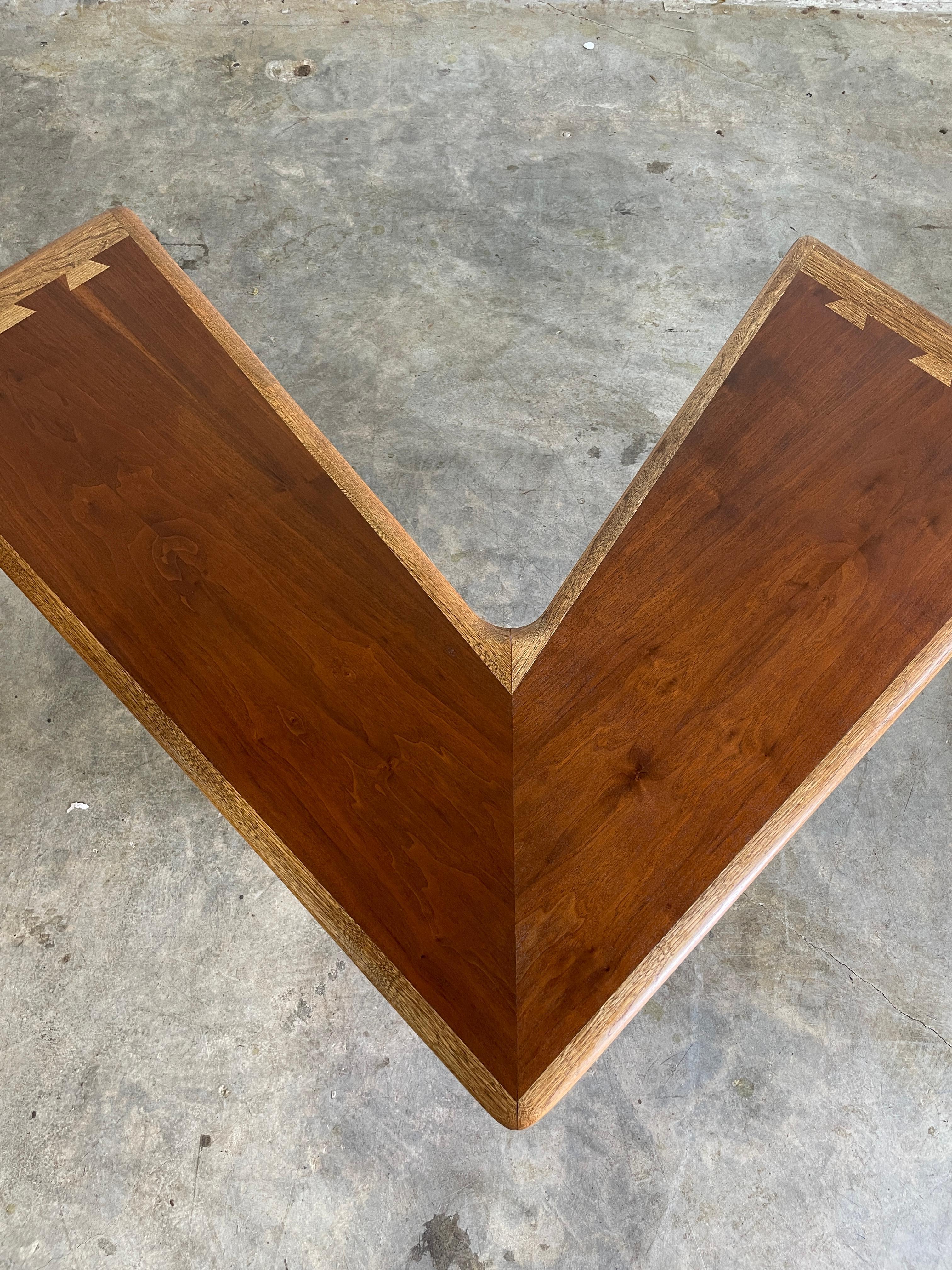 Lane Acclaim “Boomerang” coffee table. Stunning walnut grain. 47/43 each side. Overall about 48x48 and 14.75 tall
